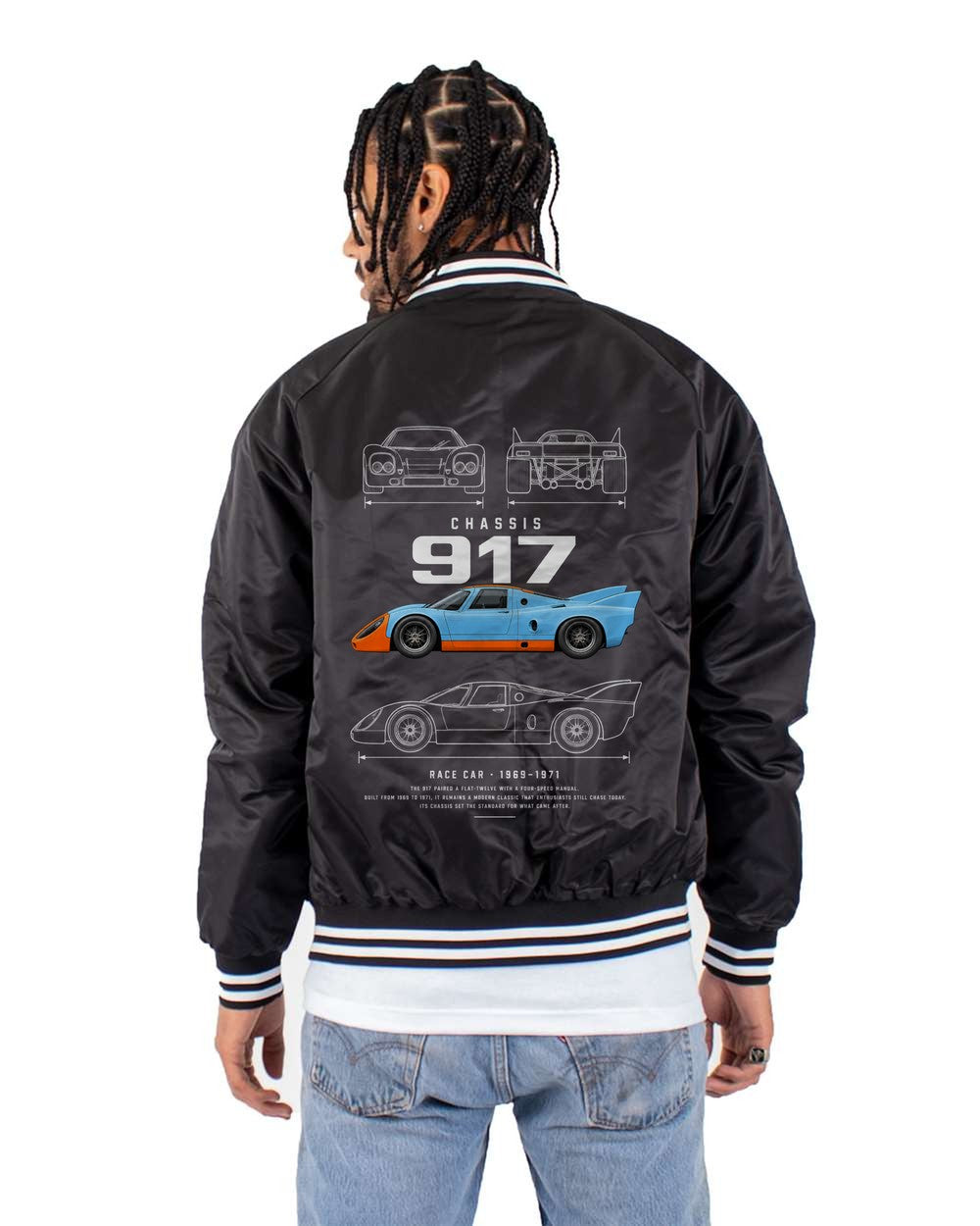 917 full-back artwork black bomber jacket back view with the design