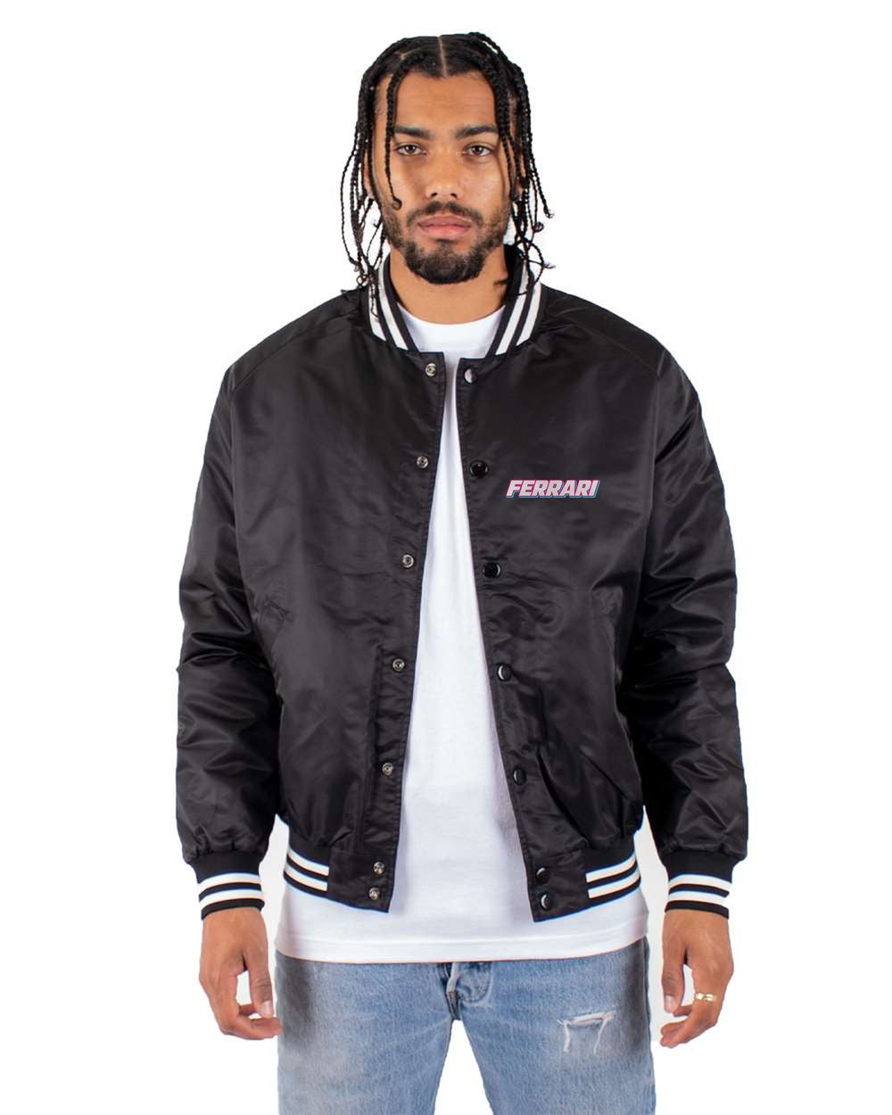 black bomber jacket front view with car name on pocket