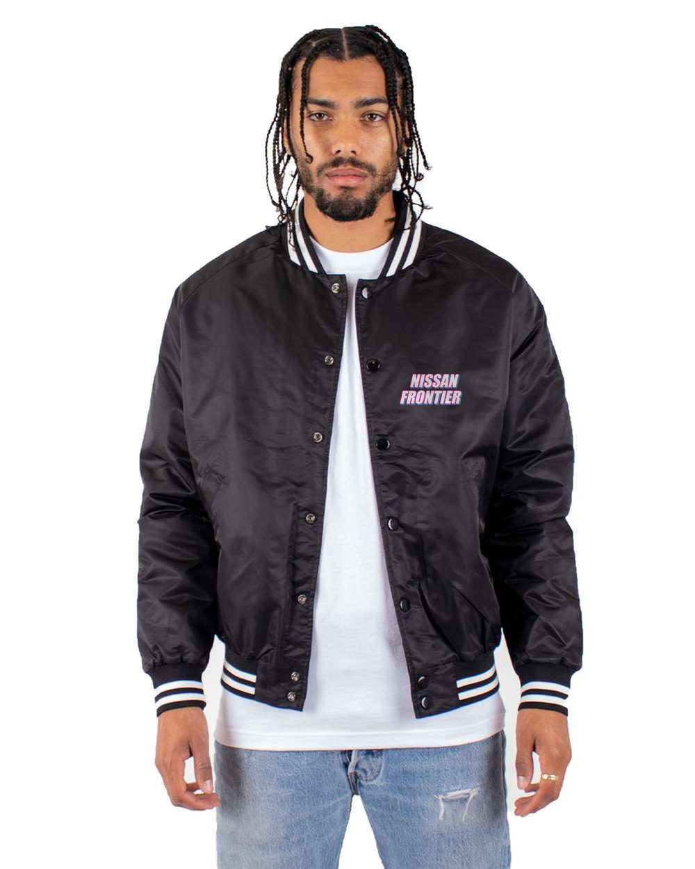 black bomber jacket front view with car name on pocket