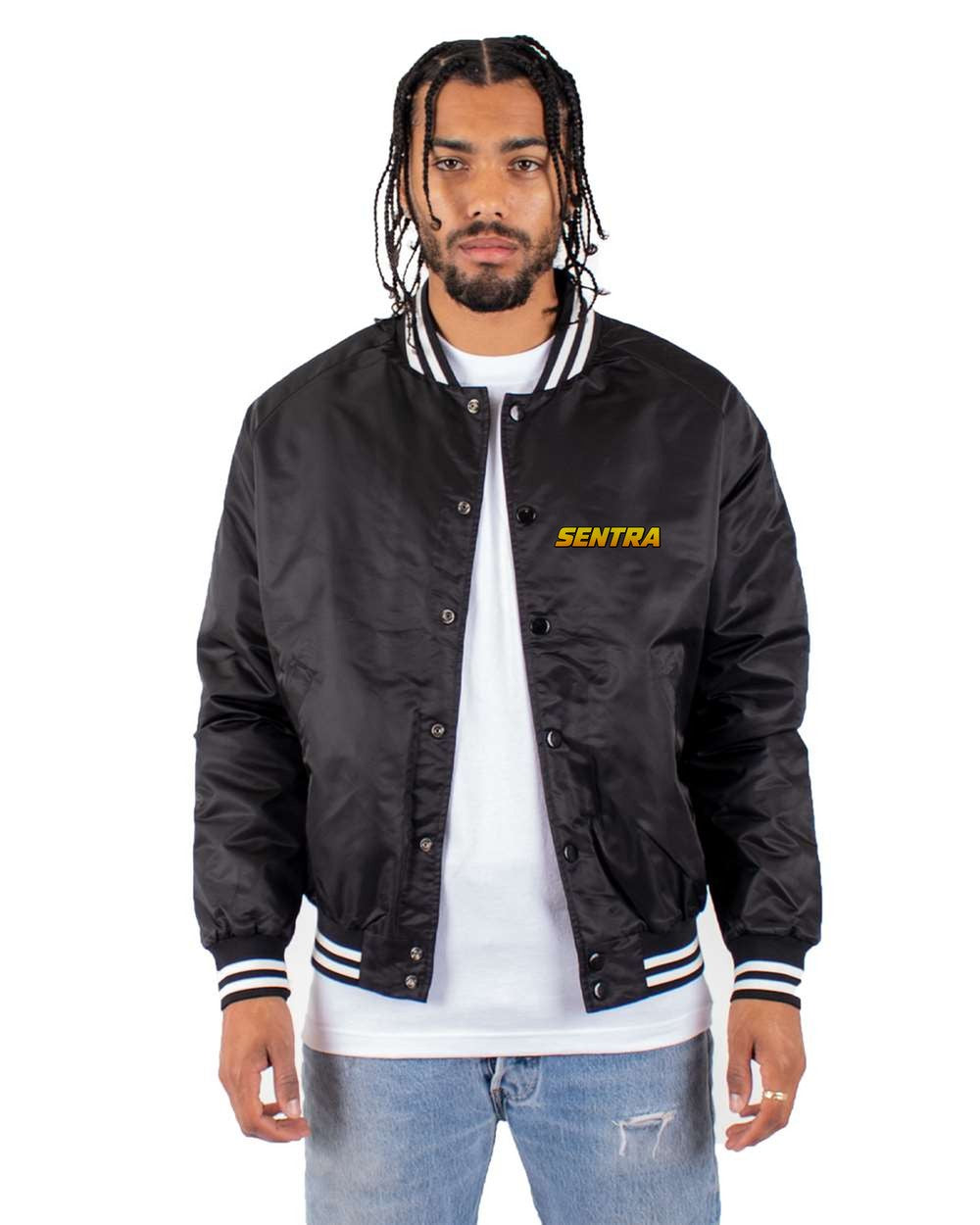 black bomber jacket front view with car name on pocket