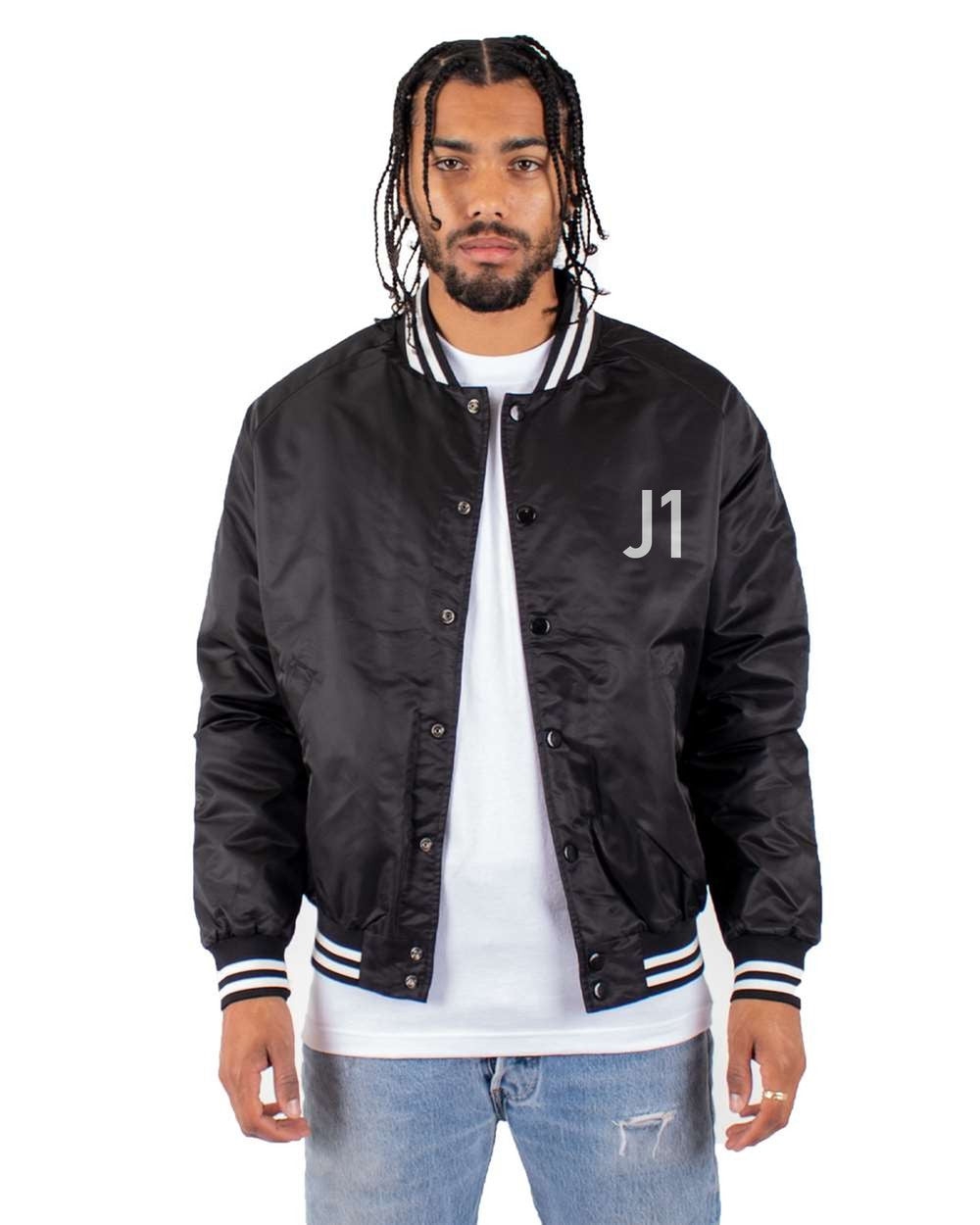 black bomber jacket front view with small code mark
