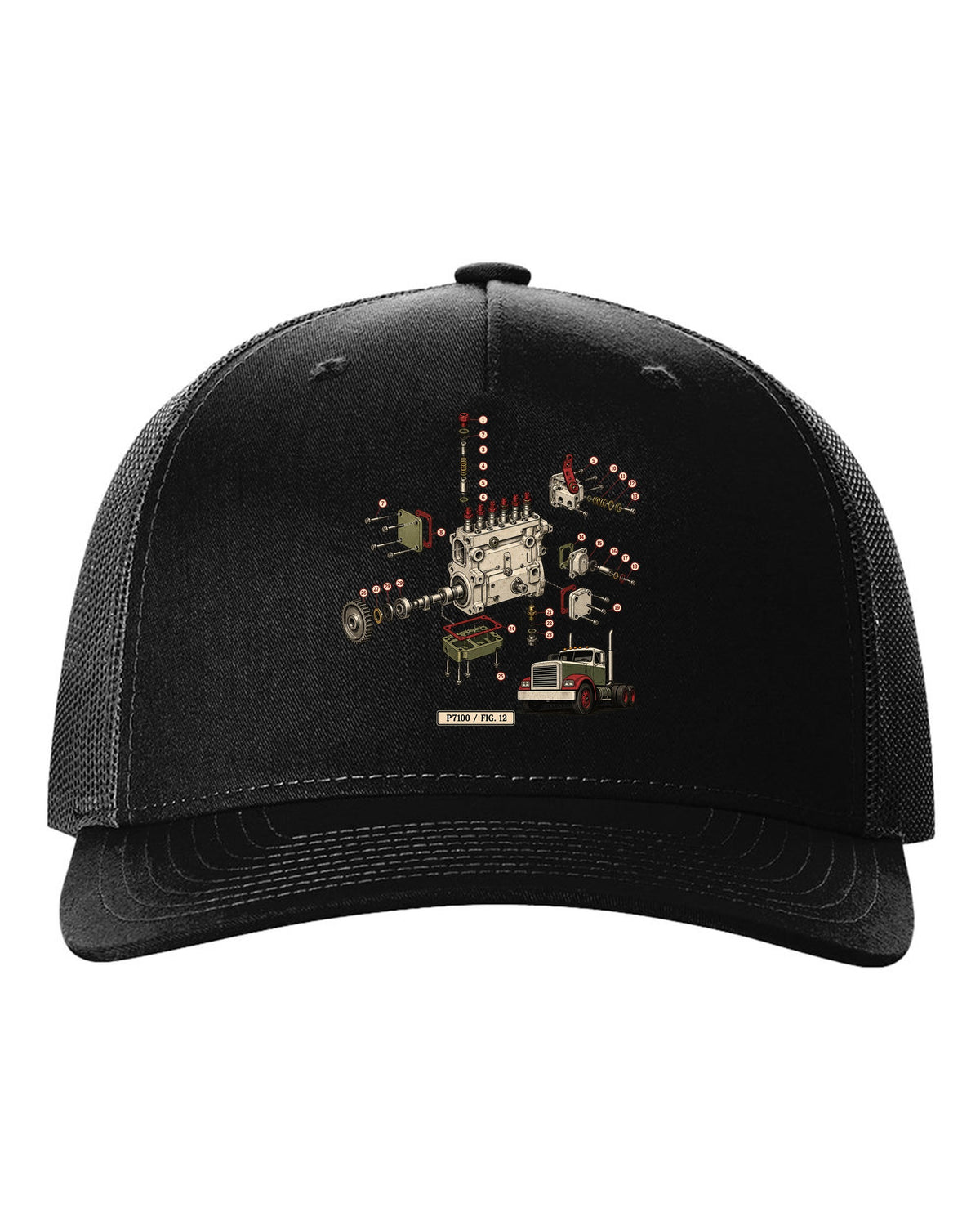 Vintage service-manual exploded diagram print of a Bosch P7100 injection pump from a 1994-1998 Ram 12V black hat front view with the design