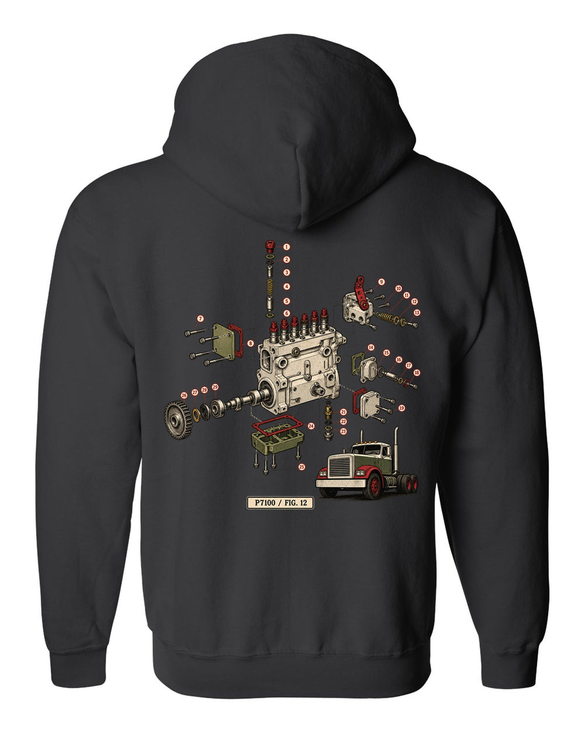 Vintage service-manual exploded diagram print of a Bosch P7100 injection pump from a 1994-1998 Ram 12V black zip hoodie back view with the design