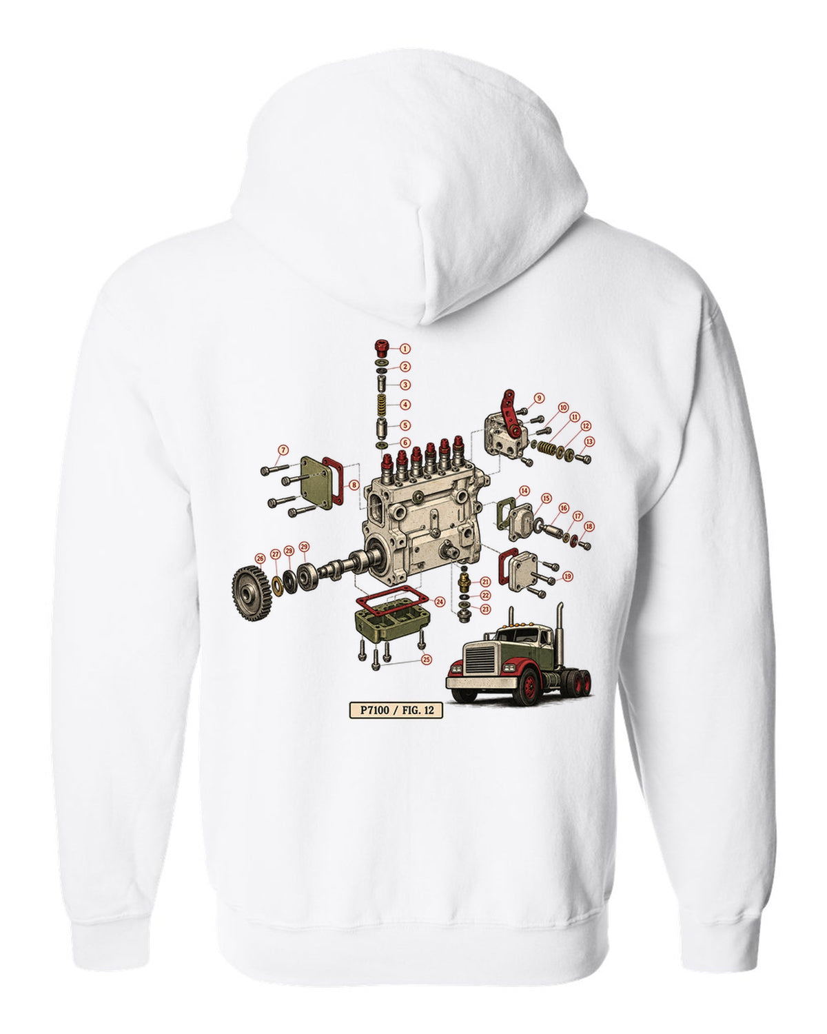 Vintage service-manual exploded diagram print of a Bosch P7100 injection pump from a 1994-1998 Ram 12V white zip hoodie back view with the design