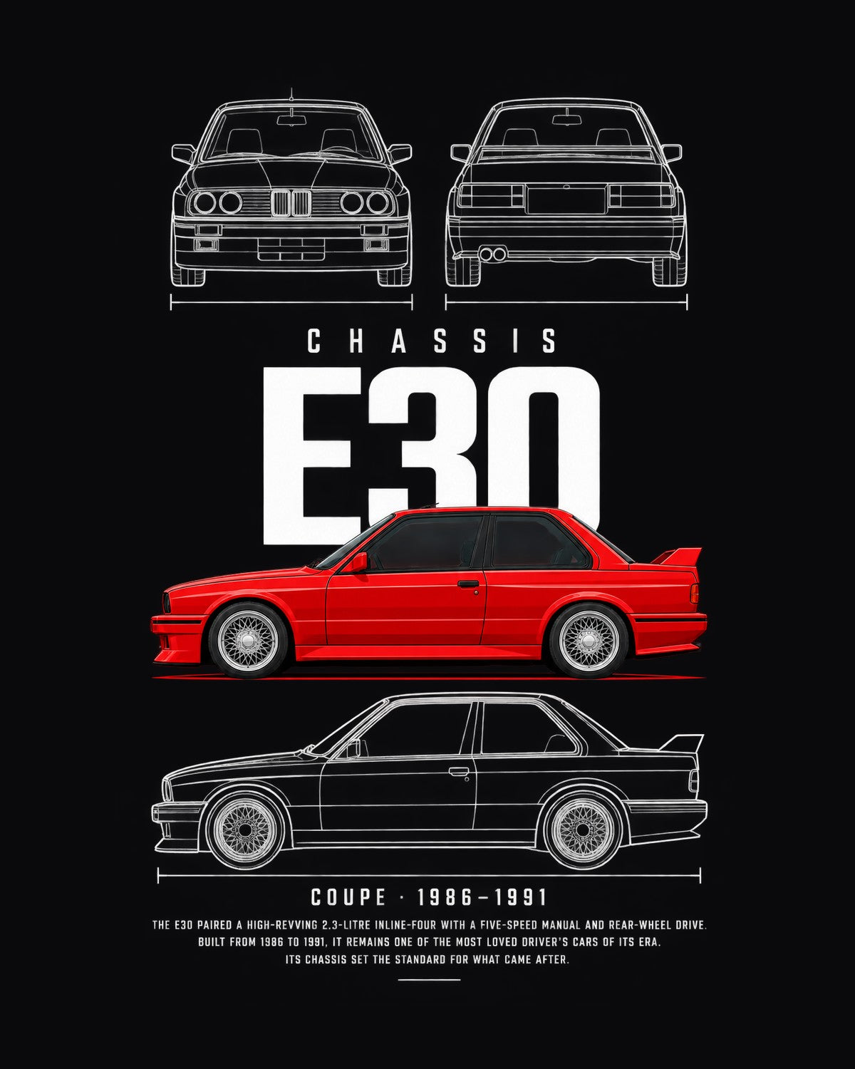 BMW E30 M3 coupe Blueprint Full-Back Graphic Tee, E30 Chassis Code design only