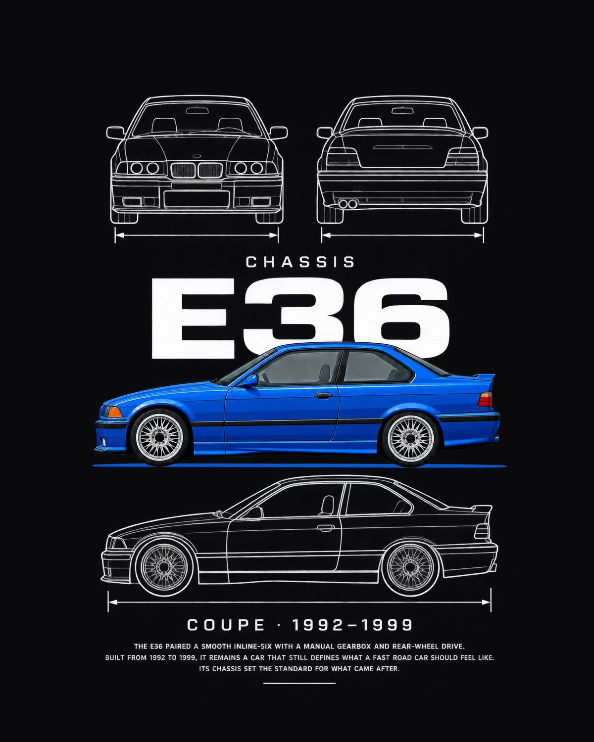 BMW E36 M3 coupe Blueprint Full-Back Graphic Tee, E36 Chassis Code design only