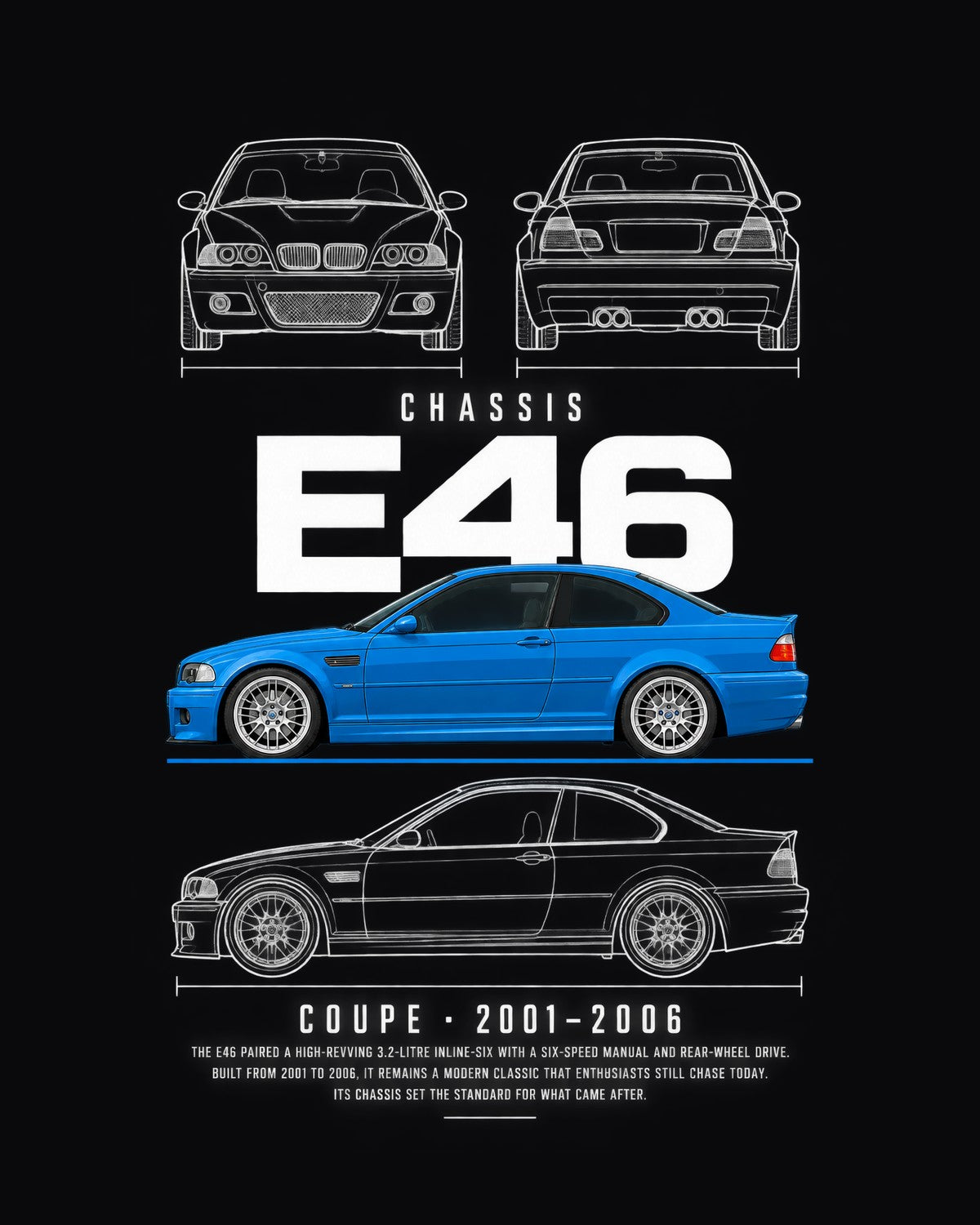 BMW E46 M3 coupe Blueprint Full-Back Graphic Tee, E46 Chassis Code design only