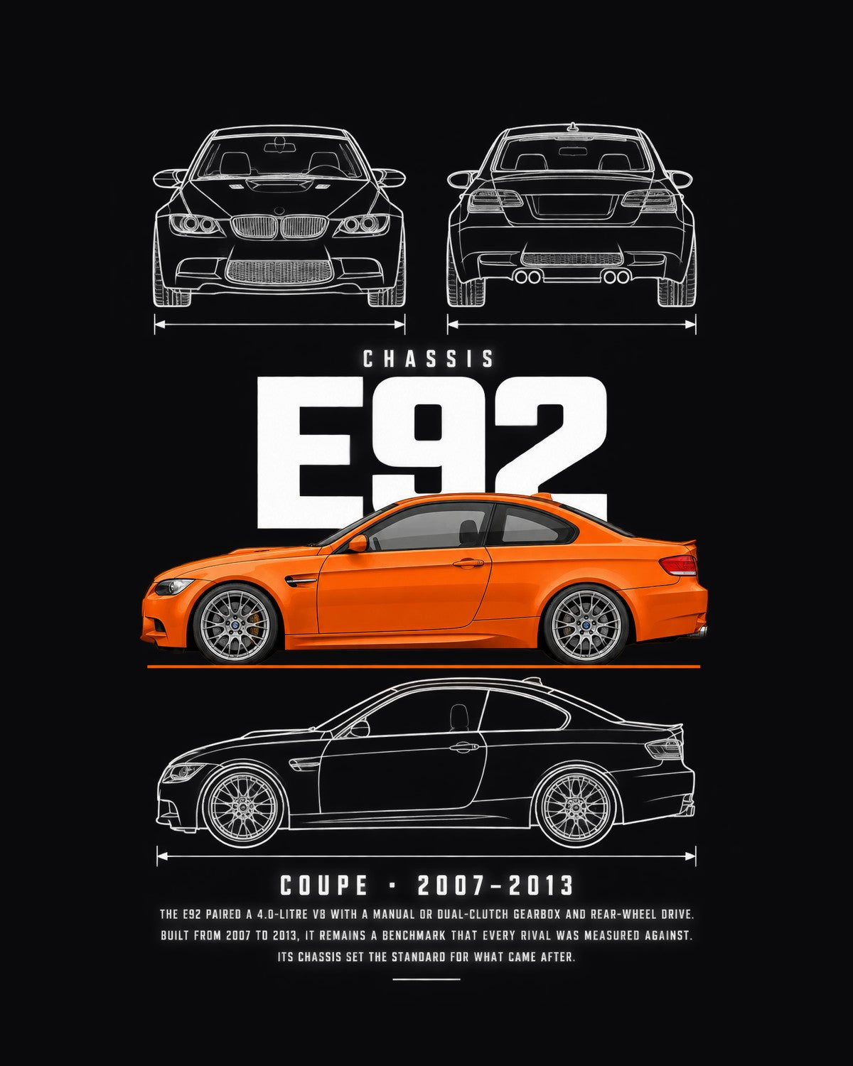 BMW E92 M3 coupe Blueprint Full-Back Graphic Tee, E92 Chassis Code design only