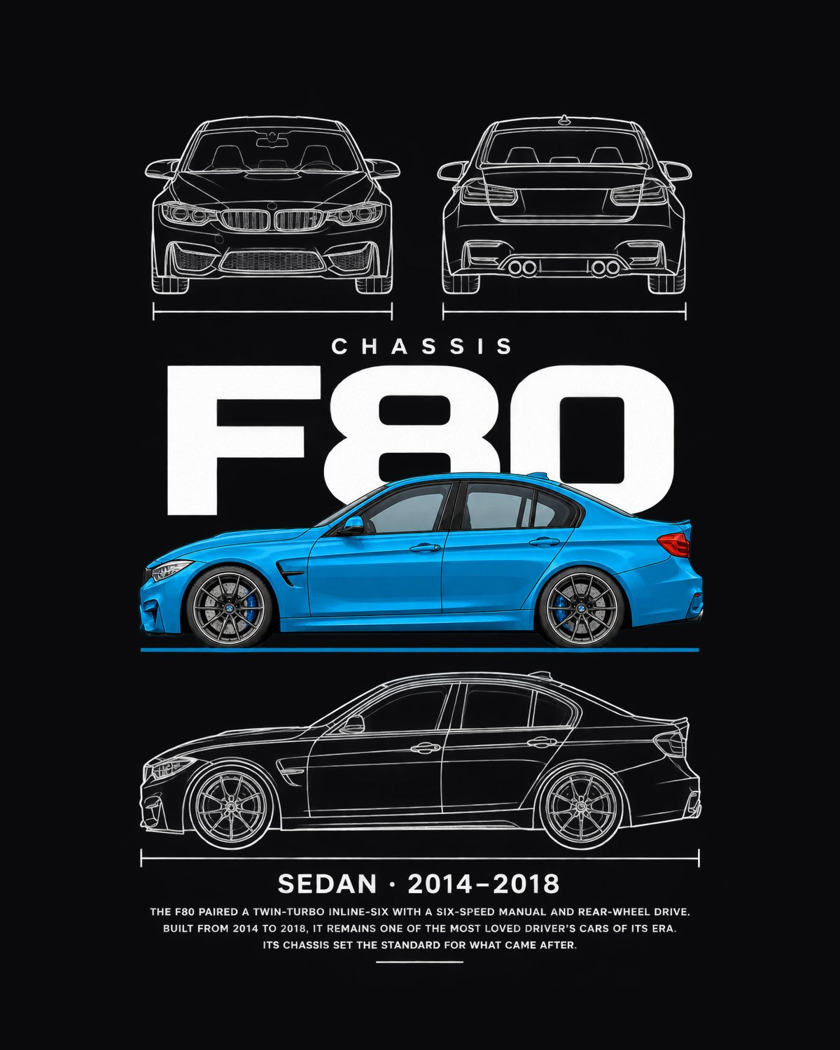 BMW F80 M3 four-door sedan Blueprint Full-Back Graphic Tee, F80 Chassis Code design only