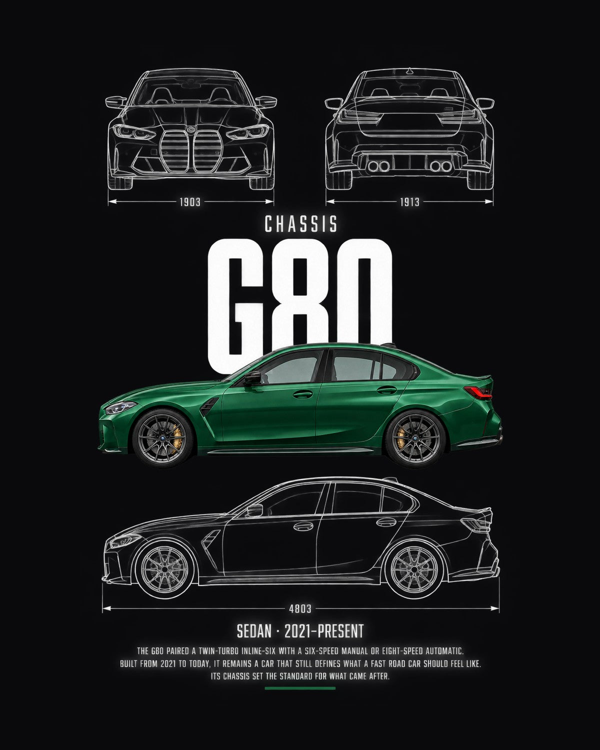 BMW G80 M3 four-door sedan Blueprint Full-Back Graphic Tee, G80 Chassis Code design only