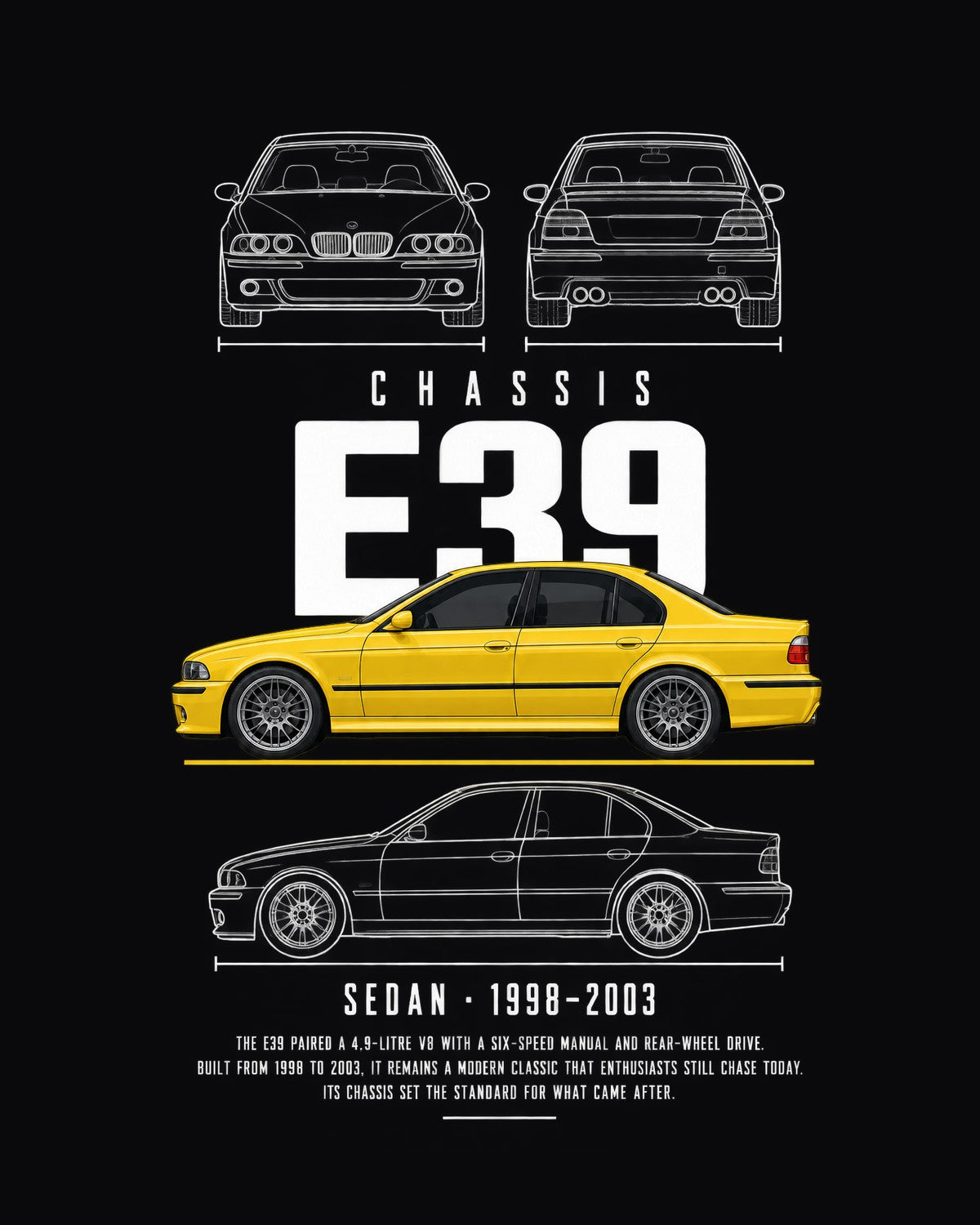 BMW E39 M5 sedan Blueprint Full-Back Graphic Tee, E39 Chassis Code design only