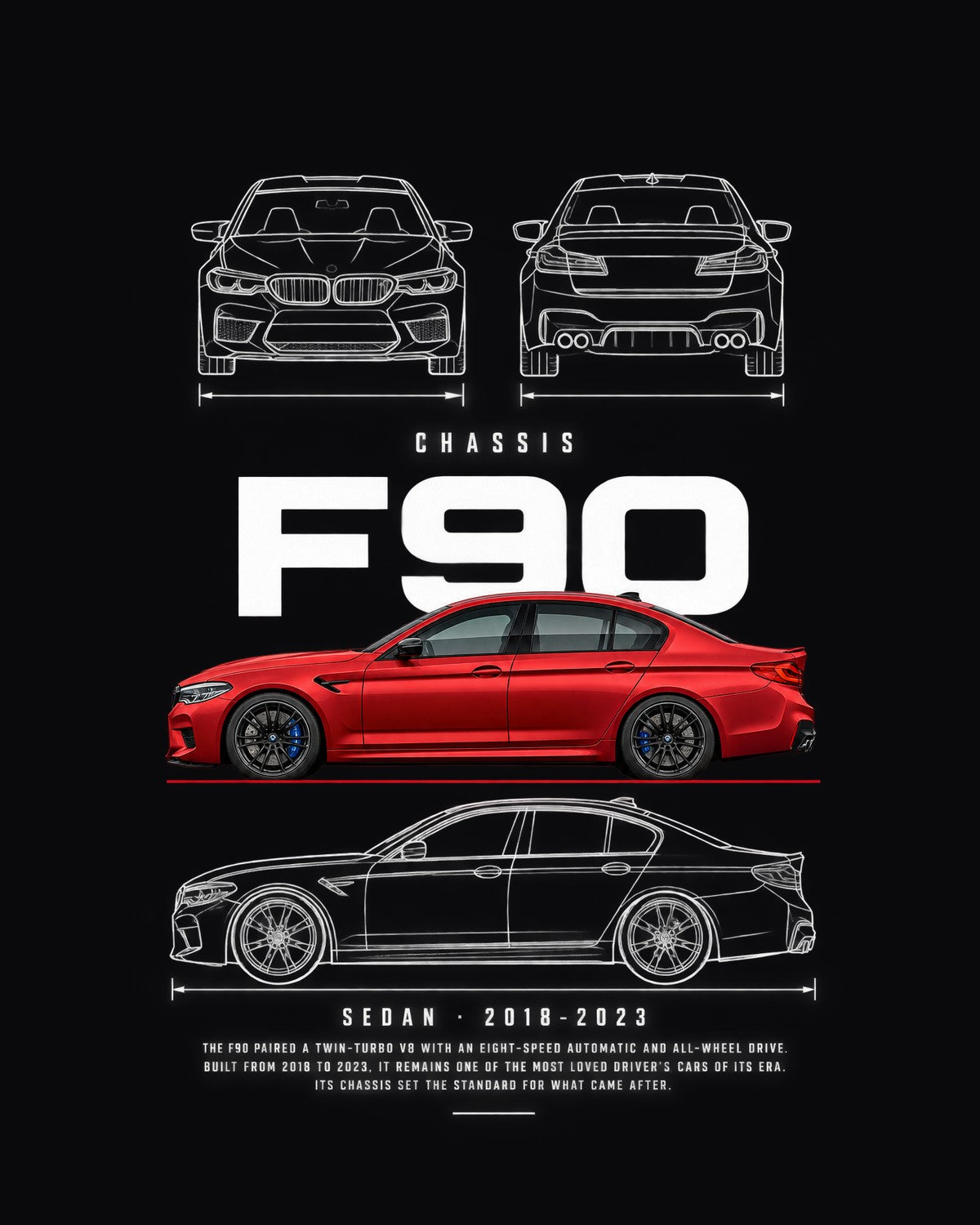 BMW F90 M5 sedan Blueprint Full-Back Graphic Tee, F90 Chassis Code design only