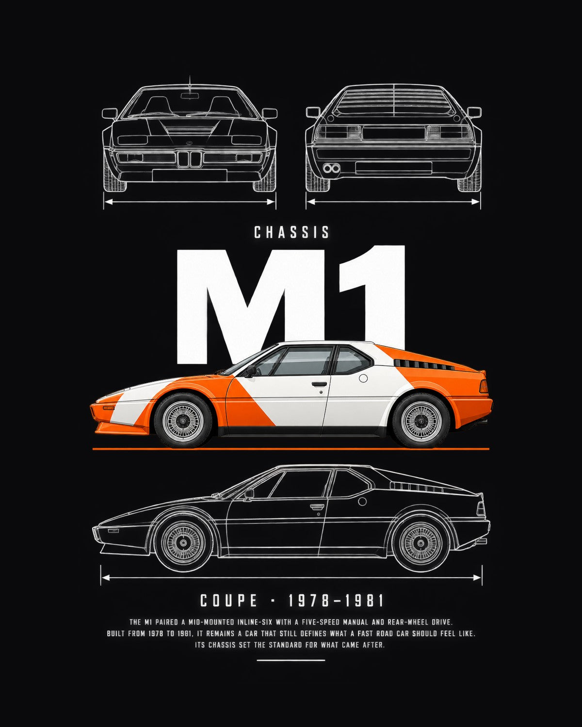 BMW M1 mid-engine wedge coupe Blueprint Full-Back Graphic Tee, M1 Chassis Code design only