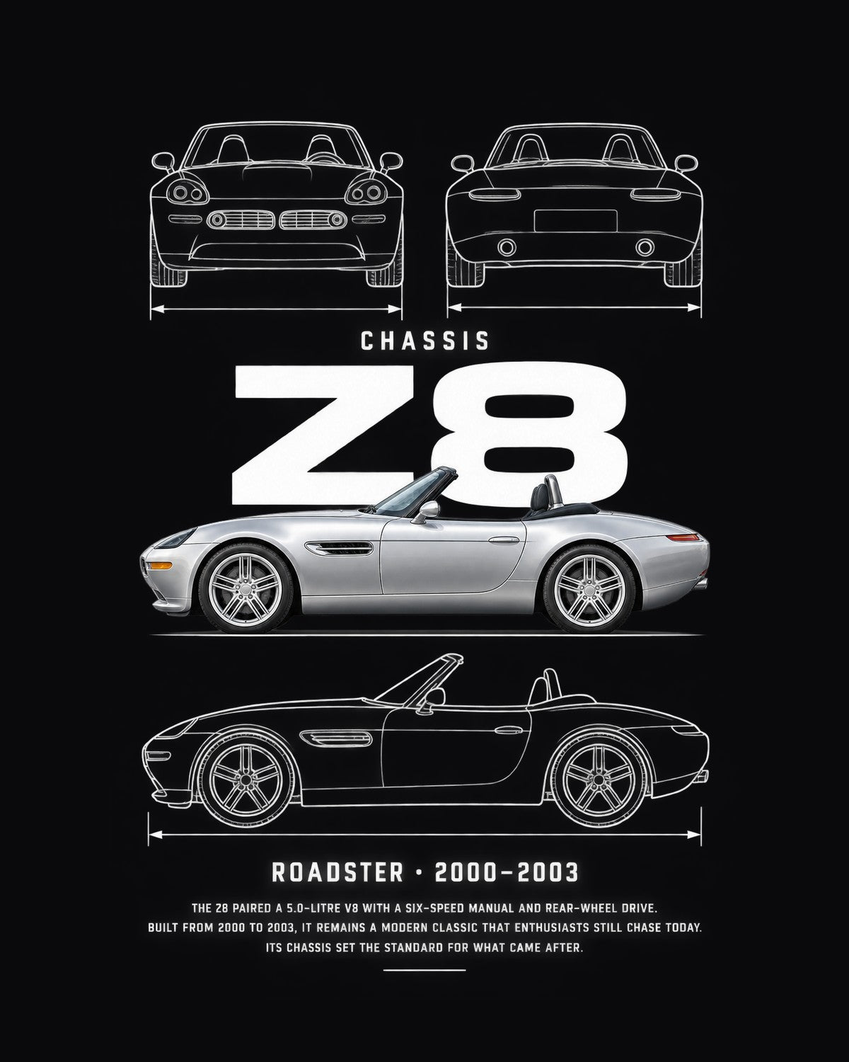 BMW Z8 roadster Blueprint Full-Back Graphic Tee, Z8 Chassis Code design only