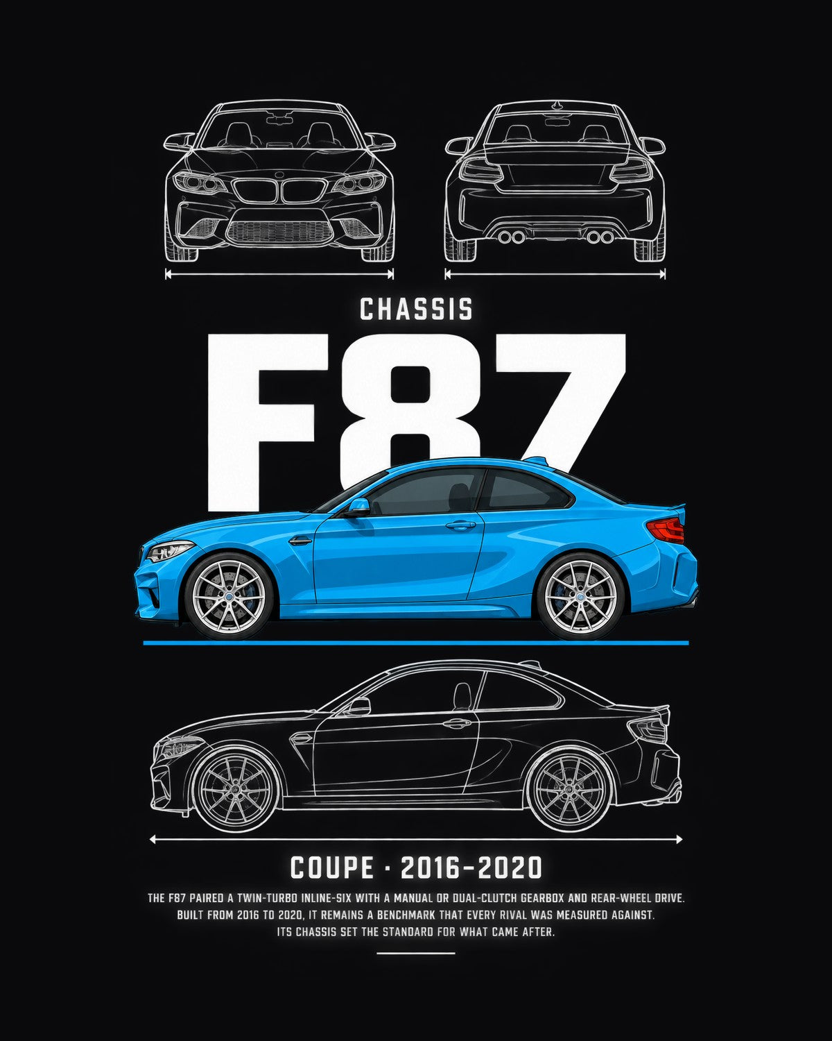 BMW F87 M2 compact coupe Blueprint Full-Back Graphic Tee, F87 Chassis Code design only