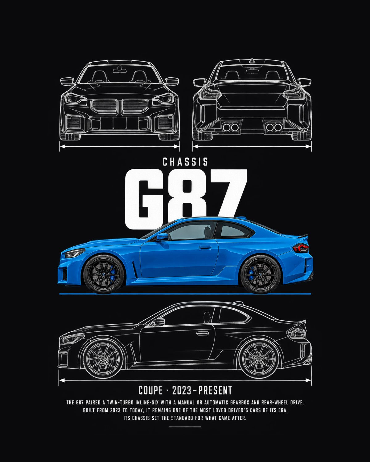 BMW G87 M2 compact coupe Blueprint Full-Back Graphic Tee, G87 Chassis Code design only
