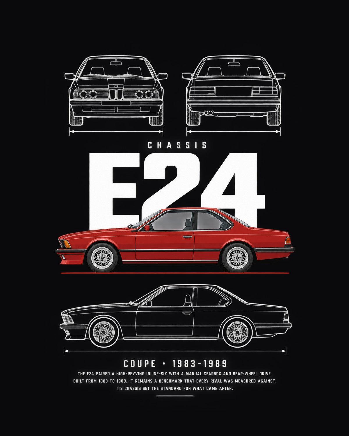 BMW E24 M635CSi coupe Blueprint Full-Back Graphic Tee, E24 Chassis Code design only