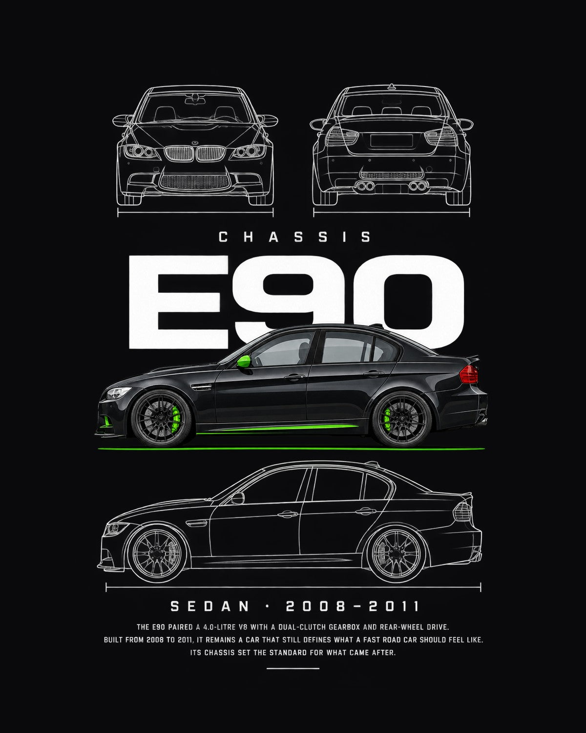 BMW E90 M3 sedan Blueprint Full-Back Graphic Tee, E90 Chassis Code design only