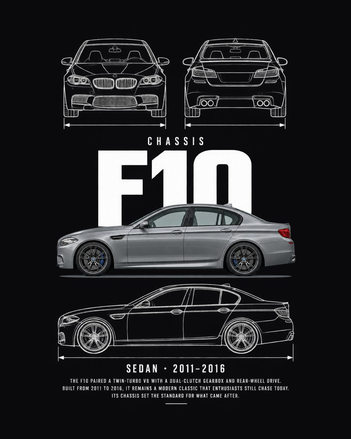 BMW F10 M5 sedan Blueprint Full-Back Graphic Tee, F10 Chassis Code design only