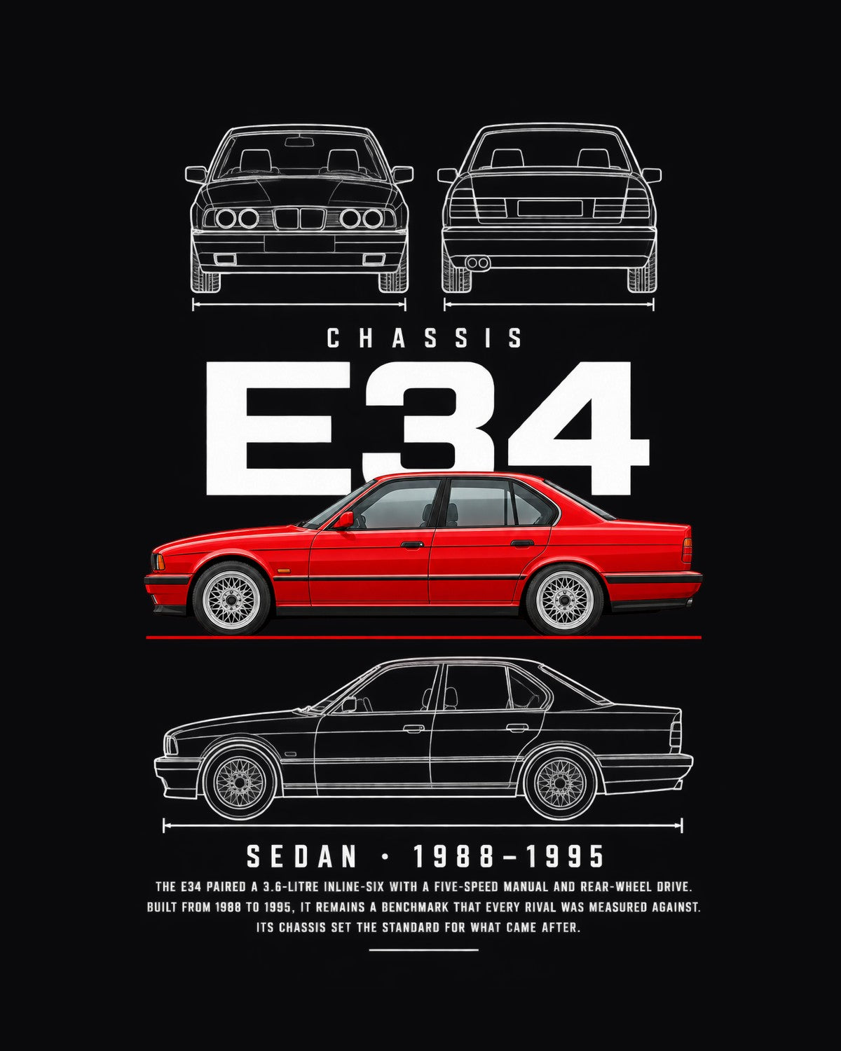 BMW E34 M5 sedan Blueprint Full-Back Graphic Tee, E34 Chassis Code design only