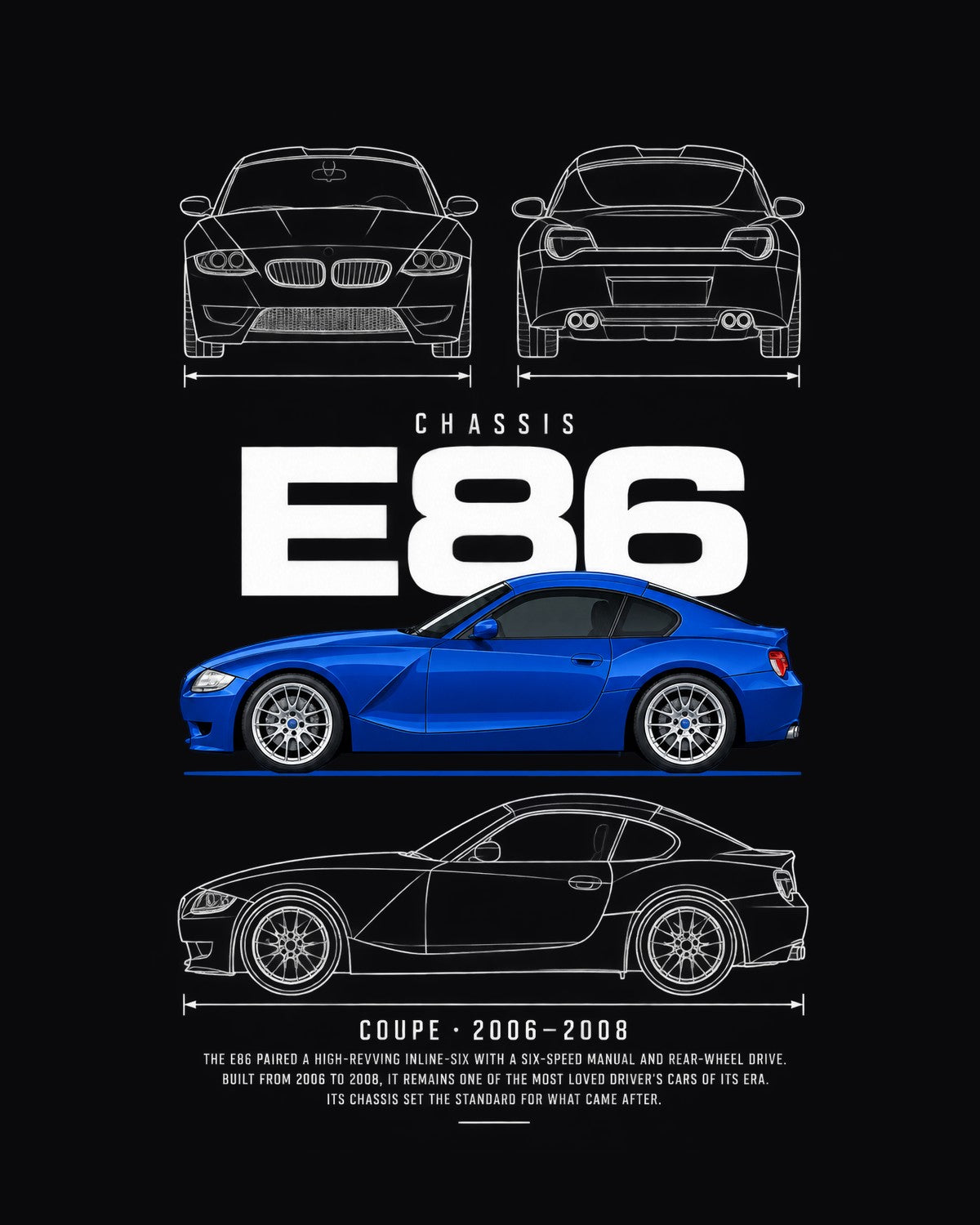 BMW Z4 M coupe (E86) Blueprint Full-Back Graphic Tee, E86 Chassis Code design only