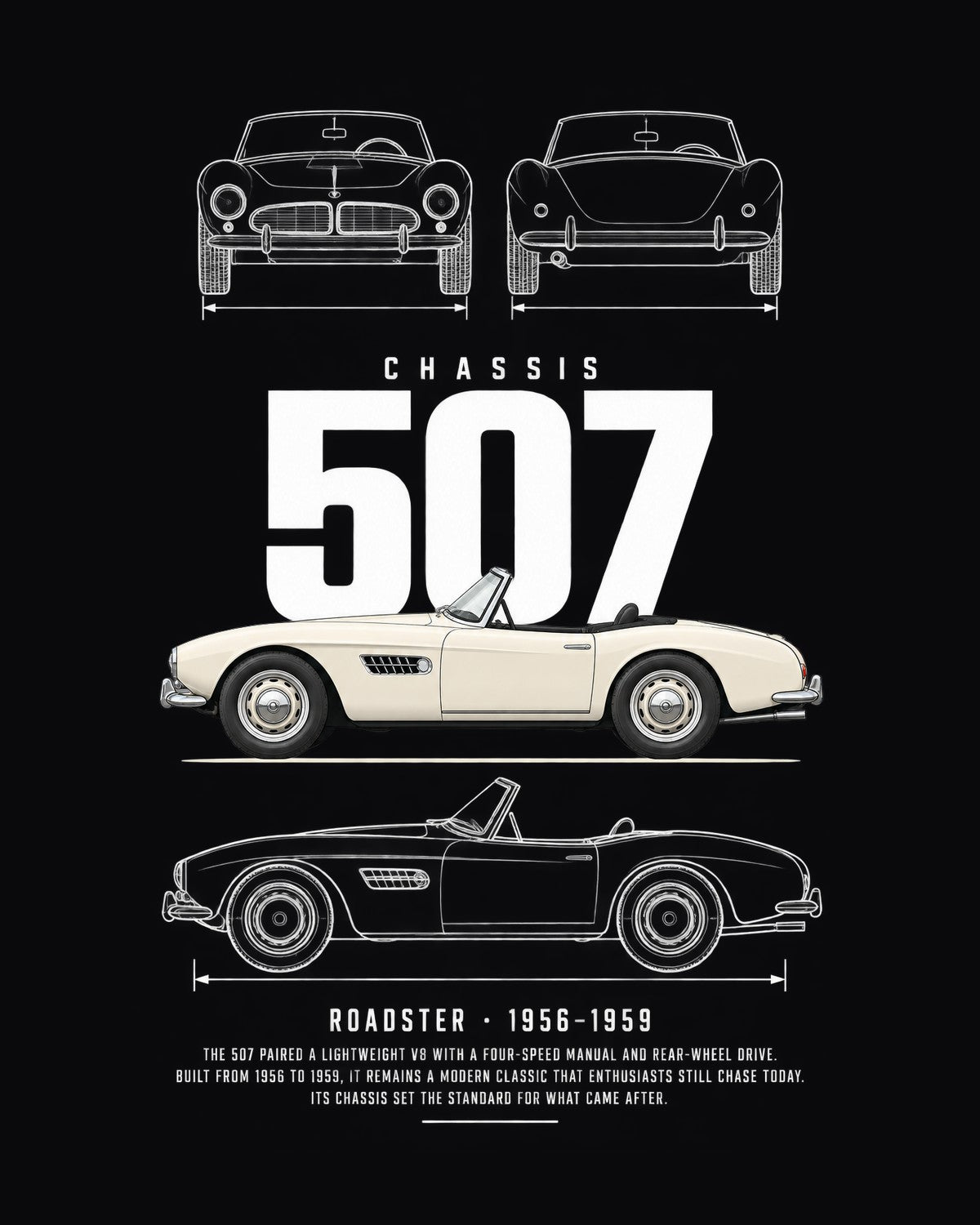 BMW 507 roadster Blueprint Full-Back Graphic Tee, 507 Chassis Code design only