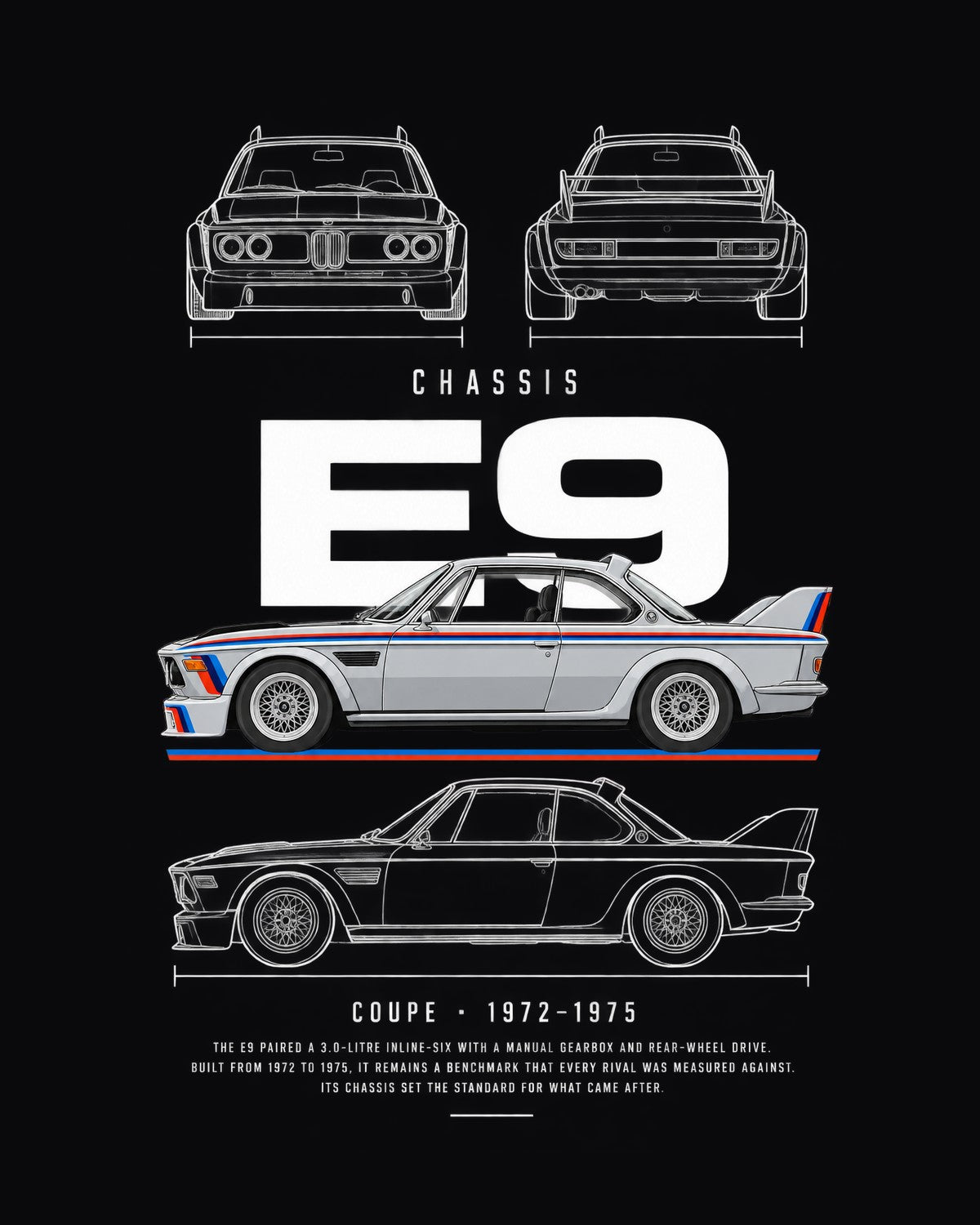 BMW 3.0 CSL Batmobile coupe Blueprint Full-Back Graphic Tee, E9 Chassis Code design only