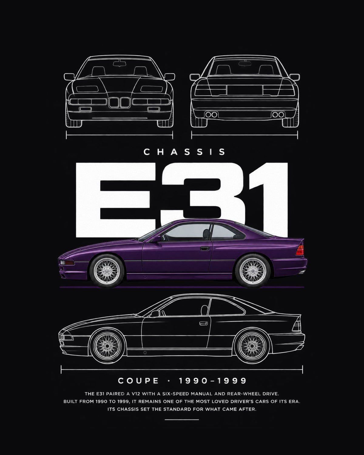 BMW E31 850CSi coupe Blueprint Full-Back Graphic Tee, E31 Chassis Code design only