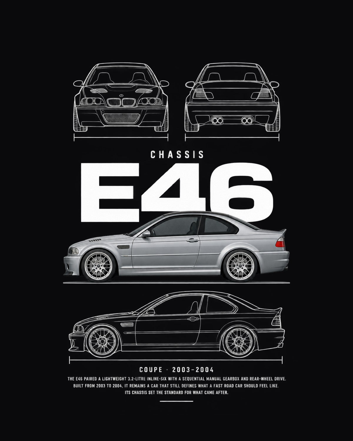 BMW E46 M3 CSL coupe Blueprint Full-Back Graphic Tee, E46 Chassis Code design only