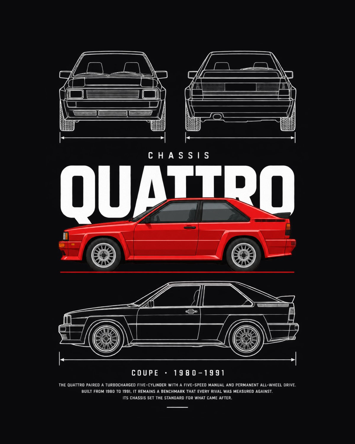 Audi Ur-quattro coupe Blueprint Full-Back Graphic Tee, QUATTRO Chassis Code design only