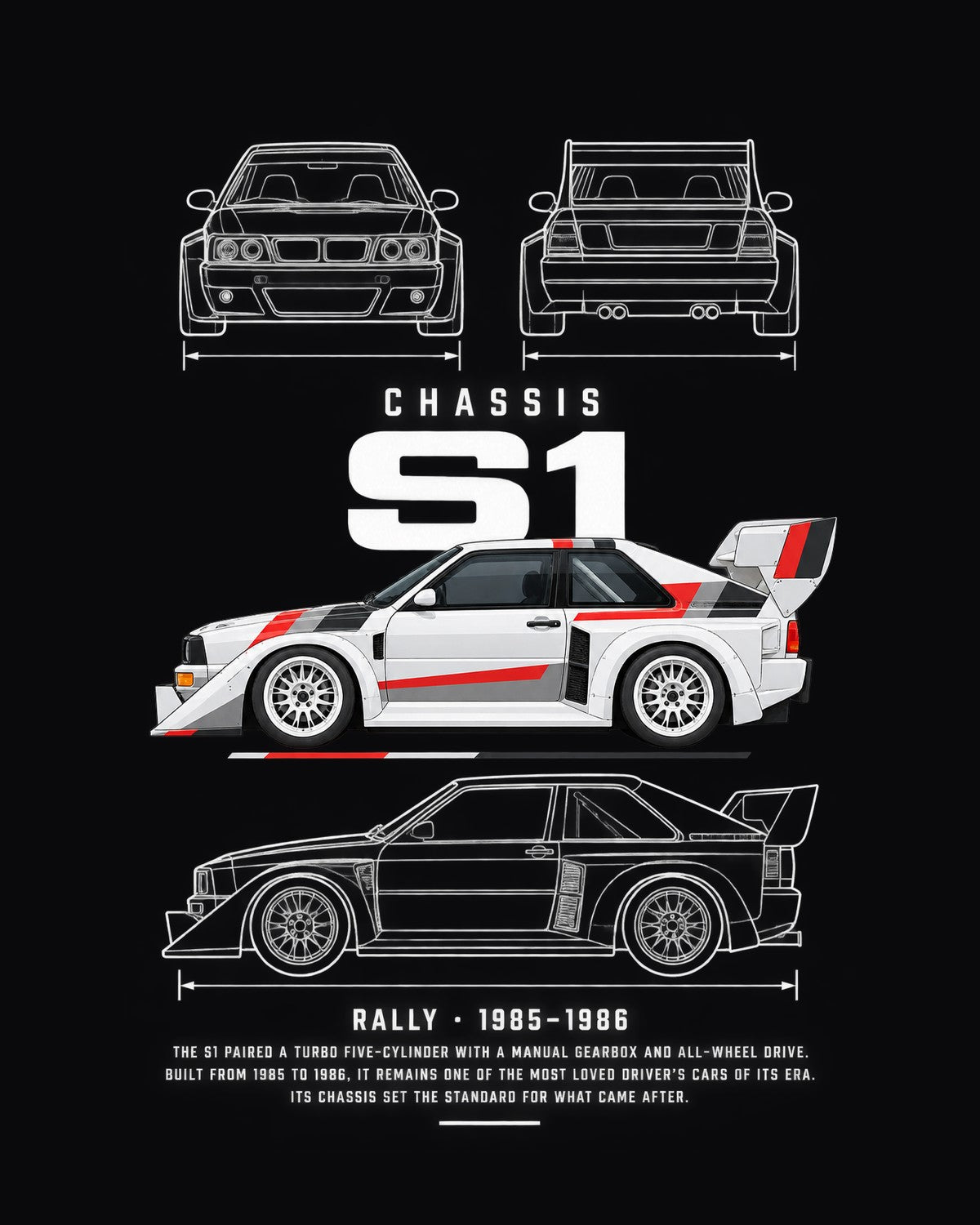 Audi Sport quattro S1 rally car Blueprint Full-Back Graphic Tee, S1 Chassis Code design only