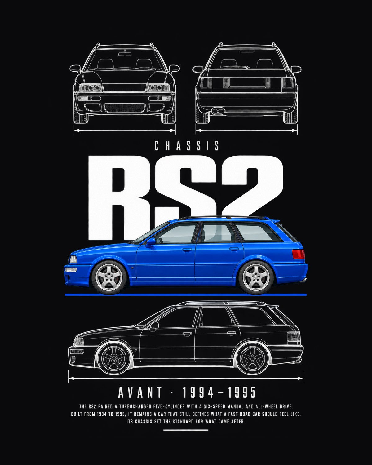 Audi RS2 Avant wagon Blueprint Full-Back Graphic Tee, RS2 Chassis Code design only