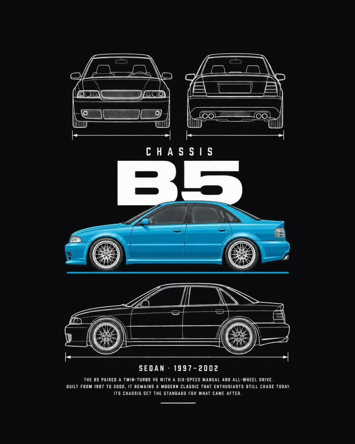 Audi B5 S4 sedan Blueprint Full-Back Graphic Tee, B5 Chassis Code design only