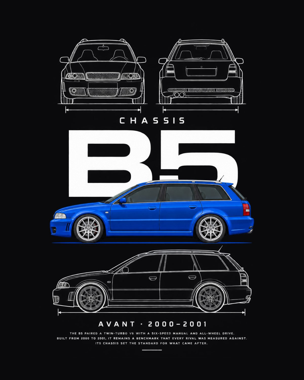 Audi B5 RS4 Avant wagon Blueprint Full-Back Graphic Tee, B5 Chassis Code design only