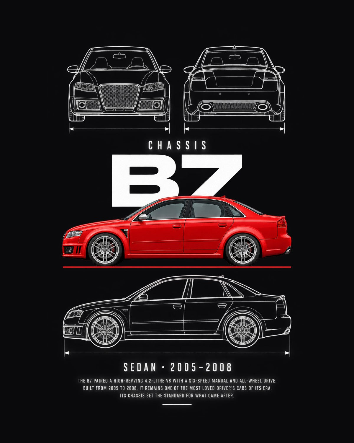 Audi B7 RS4 sedan Blueprint Full-Back Graphic Tee, B7 Chassis Code design only