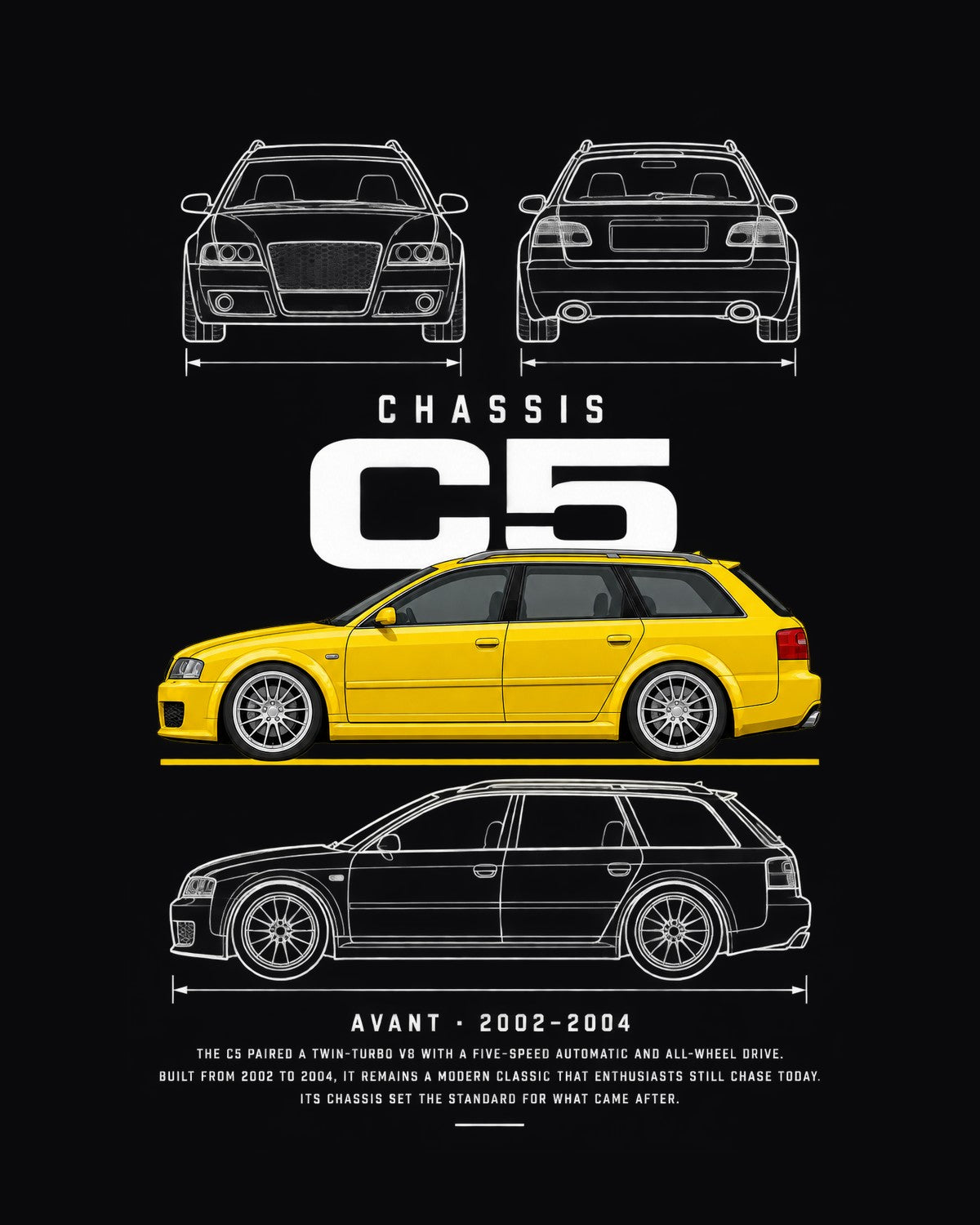 Audi C5 RS6 Avant wagon Blueprint Full-Back Graphic Tee, C5 Chassis Code design only