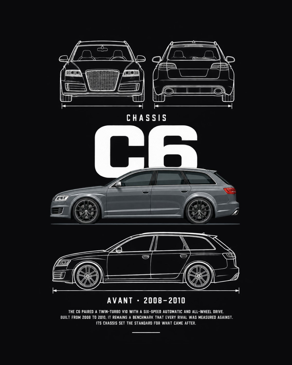 Audi C6 RS6 Avant wagon Blueprint Full-Back Graphic Tee, C6 Chassis Code design only