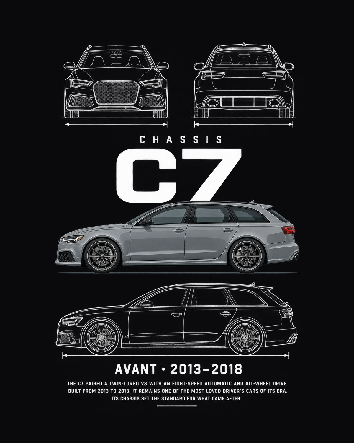 Audi C7 RS6 Avant wagon Blueprint Full-Back Graphic Tee, C7 Chassis Code design only
