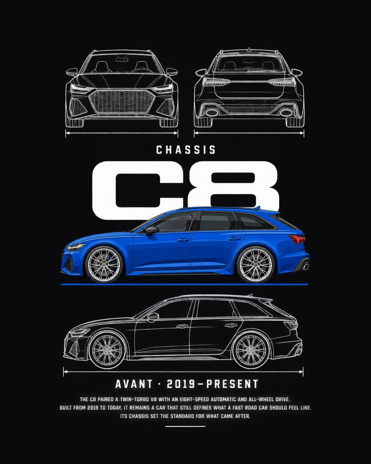 Audi C8 RS6 Avant wagon Blueprint Full-Back Graphic Tee, C8 Chassis Code design only