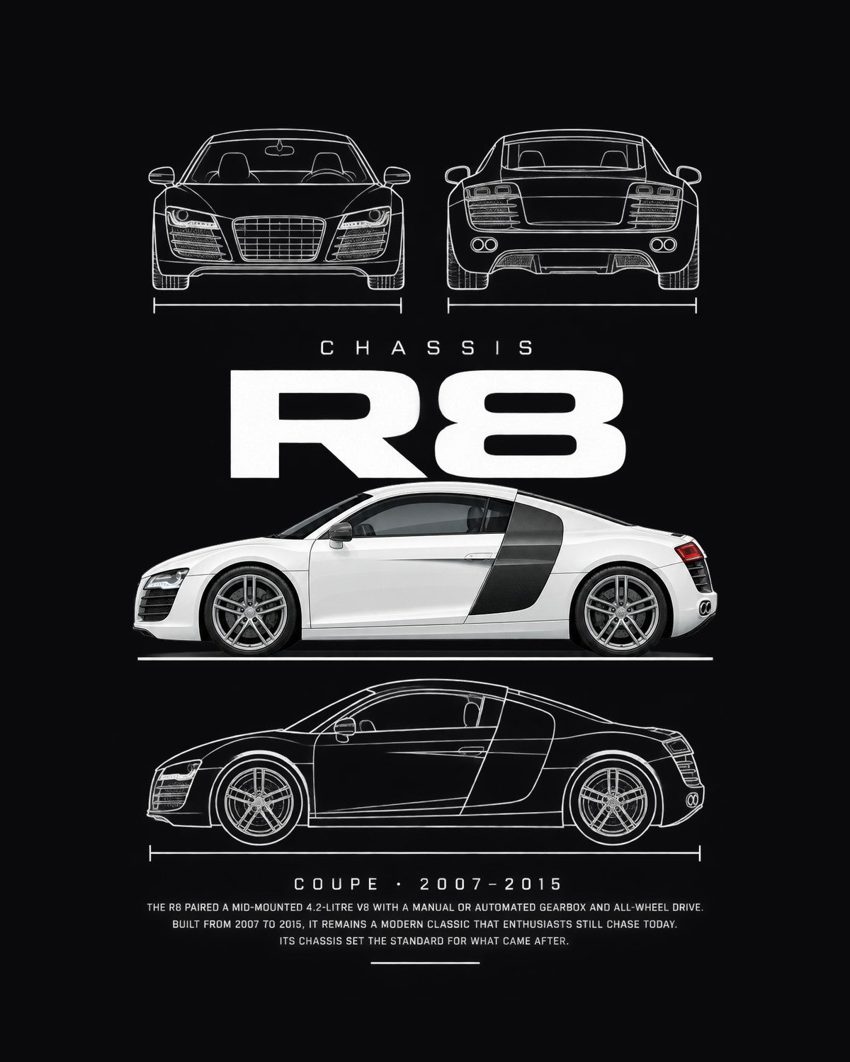 Audi R8 V8 first generation Blueprint Full-Back Graphic Tee, R8 Chassis Code design only