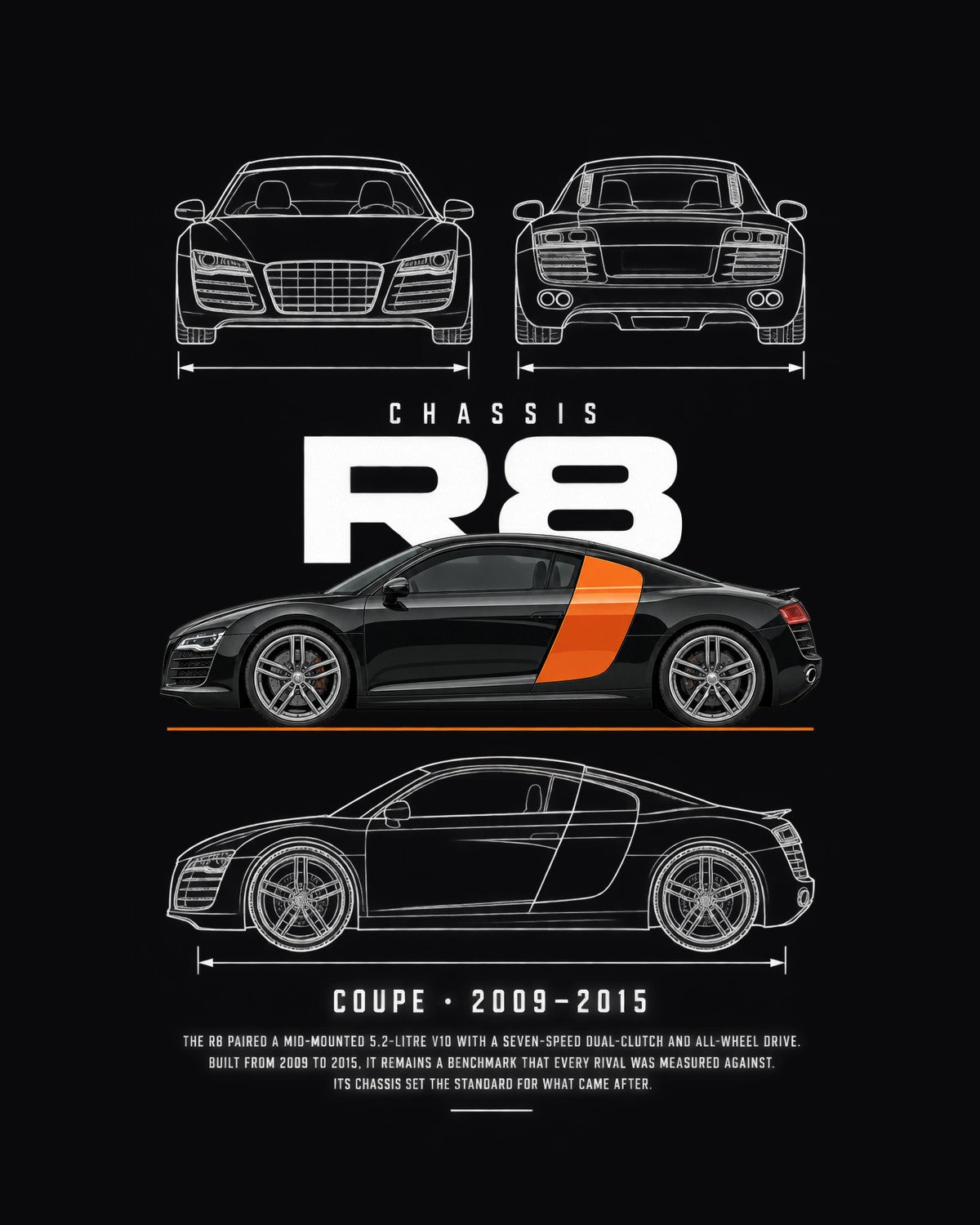 Audi R8 V10 first generation Blueprint Full-Back Graphic Tee, R8 Chassis Code design only