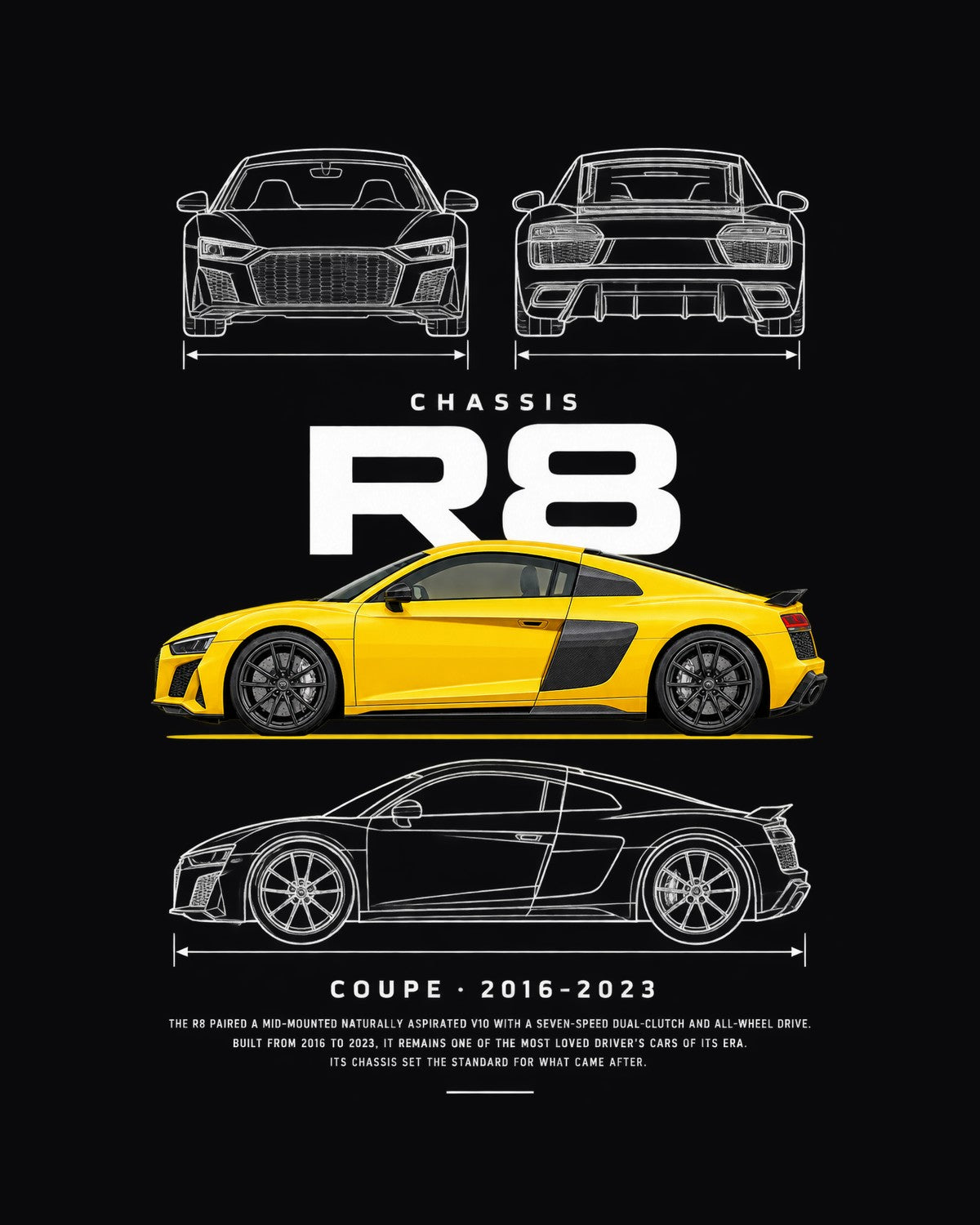 Audi R8 second generation Blueprint Full-Back Graphic Tee, R8 Chassis Code design only