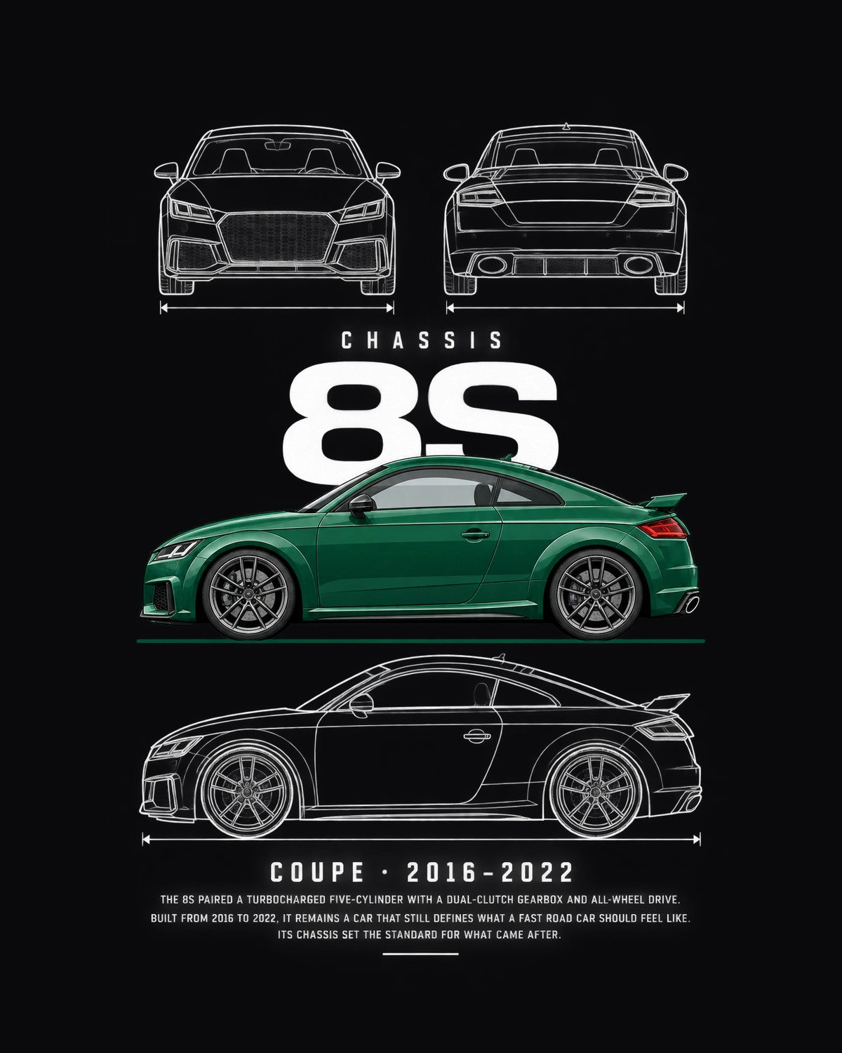 Audi TT RS (8S) coupe Blueprint Full-Back Graphic Tee, 8S Chassis Code design only