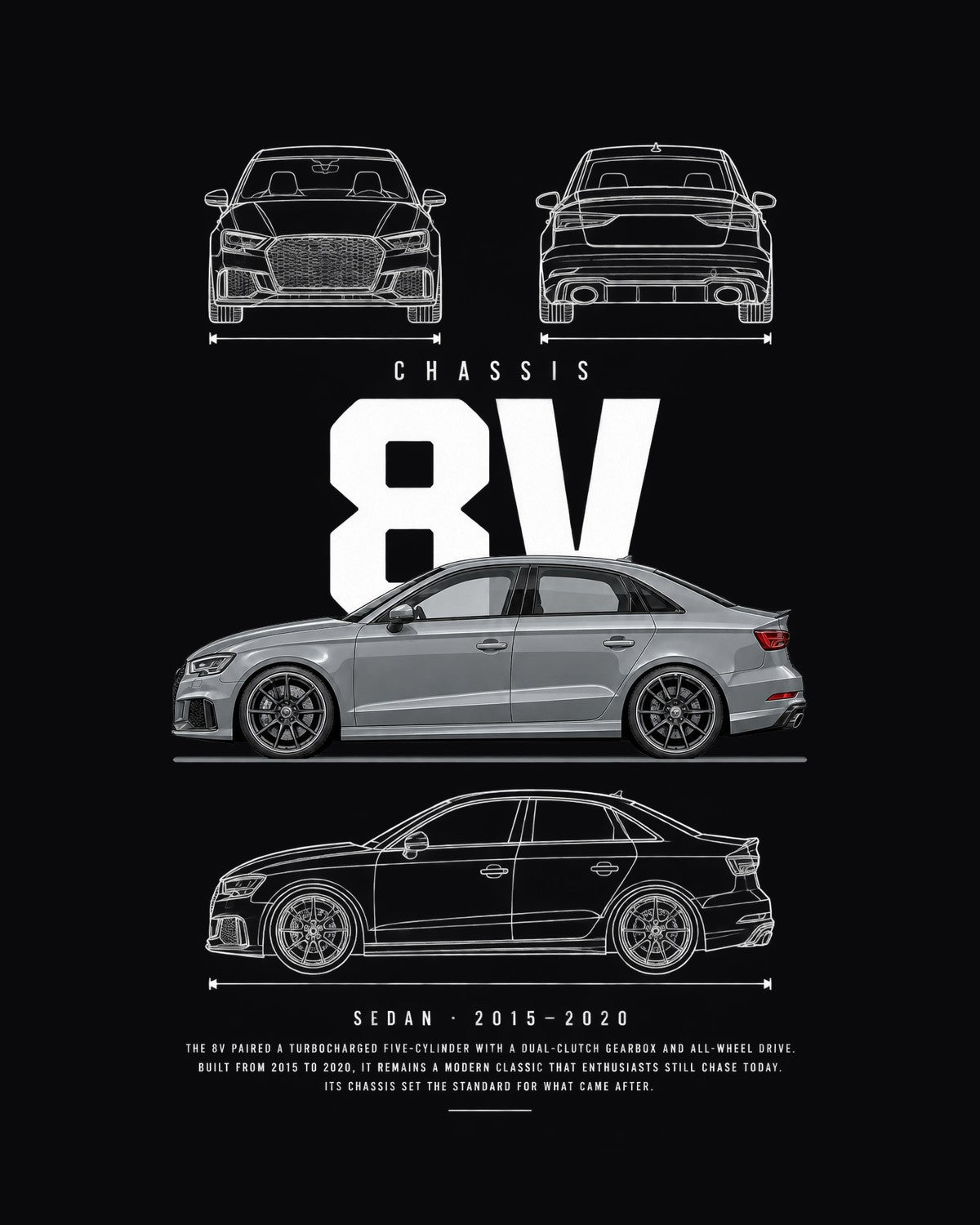 Audi RS3 (8V) compact sedan Blueprint Full-Back Graphic Tee, 8V Chassis Code design only