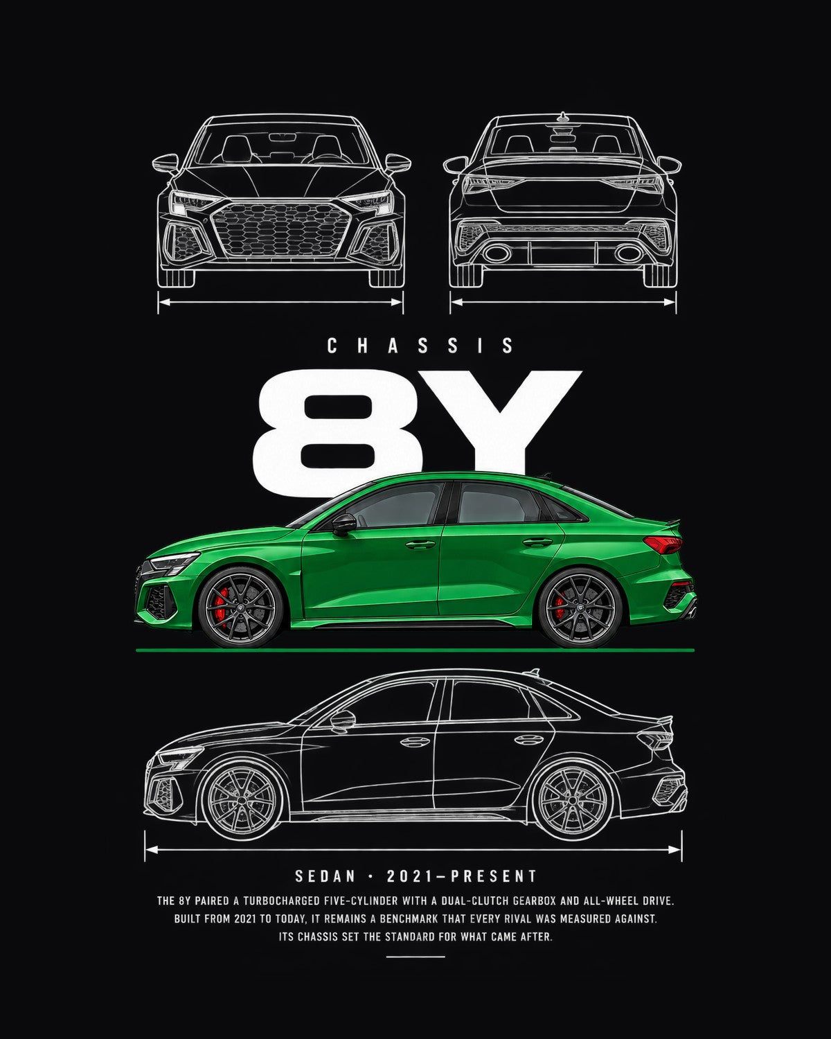 Audi RS3 (8Y) compact sedan Blueprint Full-Back Graphic Tee, 8Y Chassis Code design only