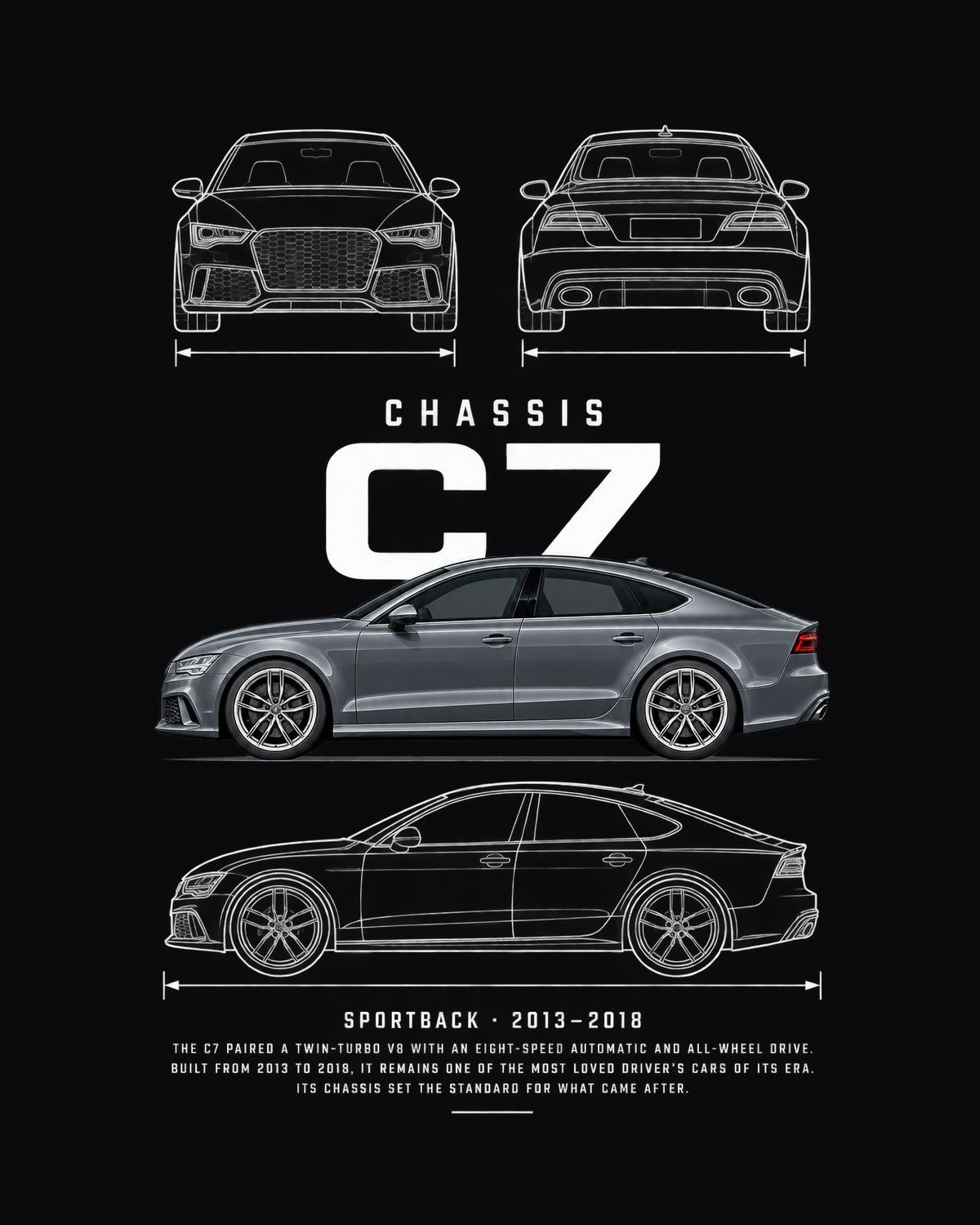 Audi RS7 Sportback Blueprint Full-Back Graphic Tee, C7 Chassis Code design only