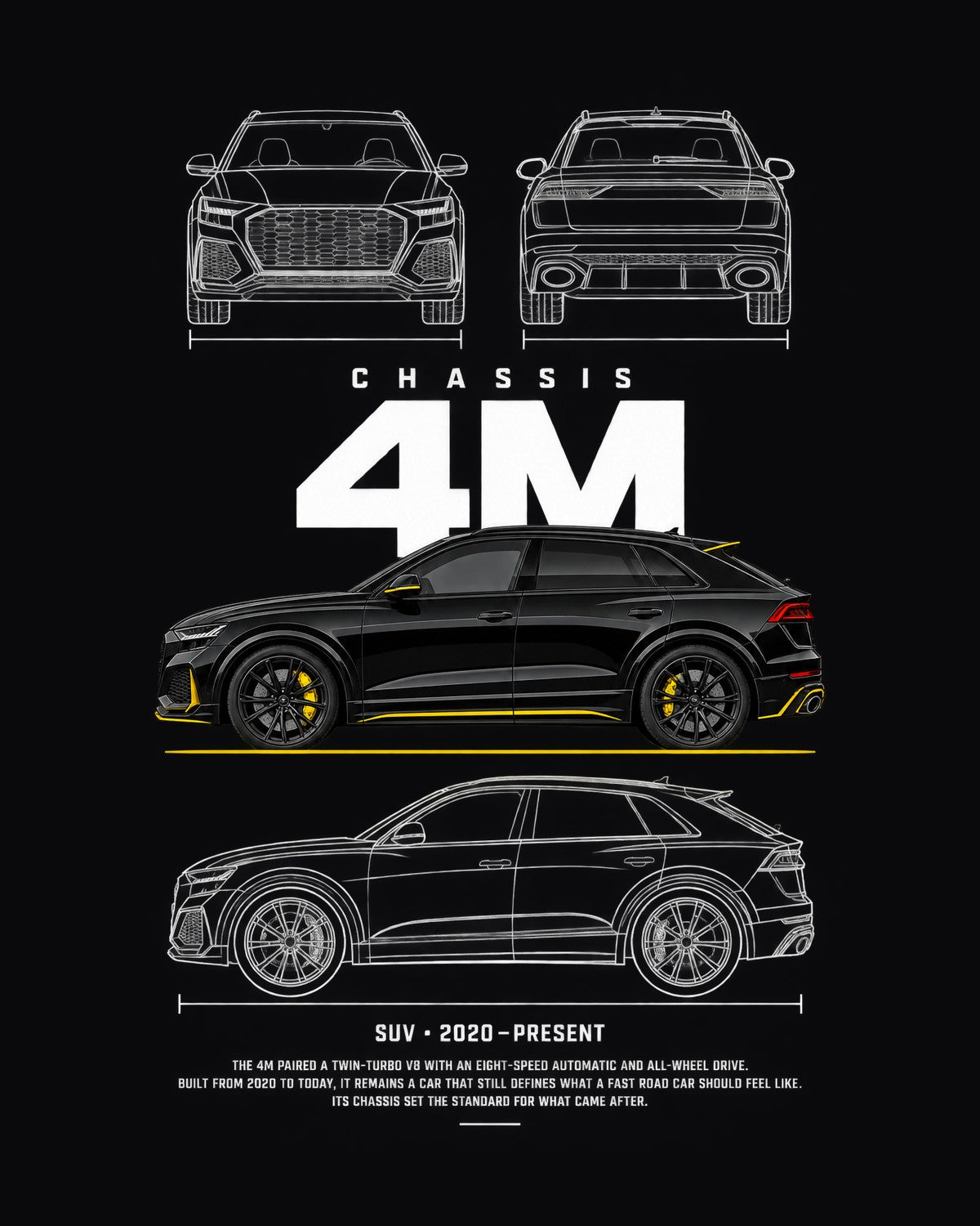 Audi RS Q8 SUV Blueprint Full-Back Graphic Tee, 4M Chassis Code design only