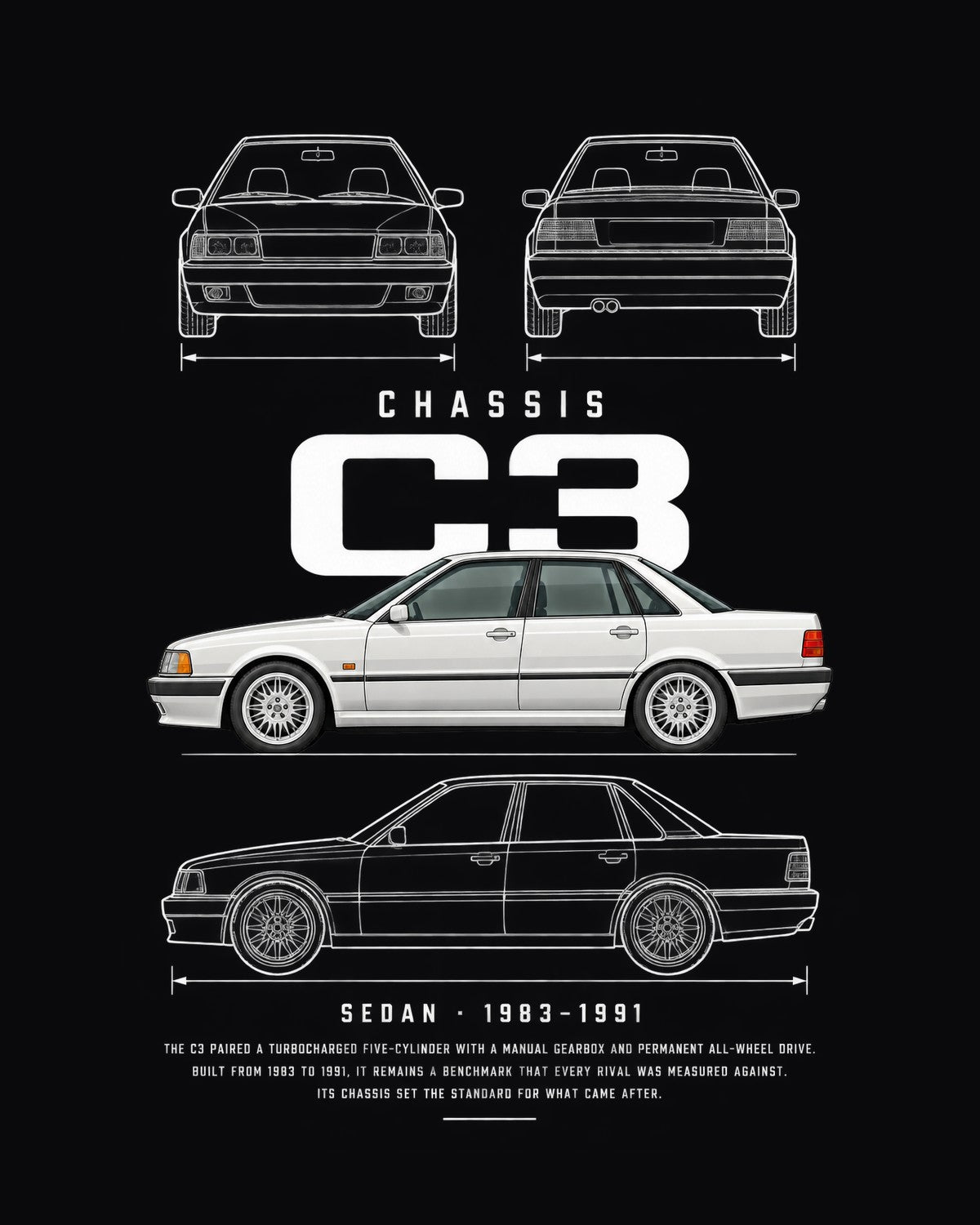 Audi 200 quattro sedan Blueprint Full-Back Graphic Tee, C3 Chassis Code design only