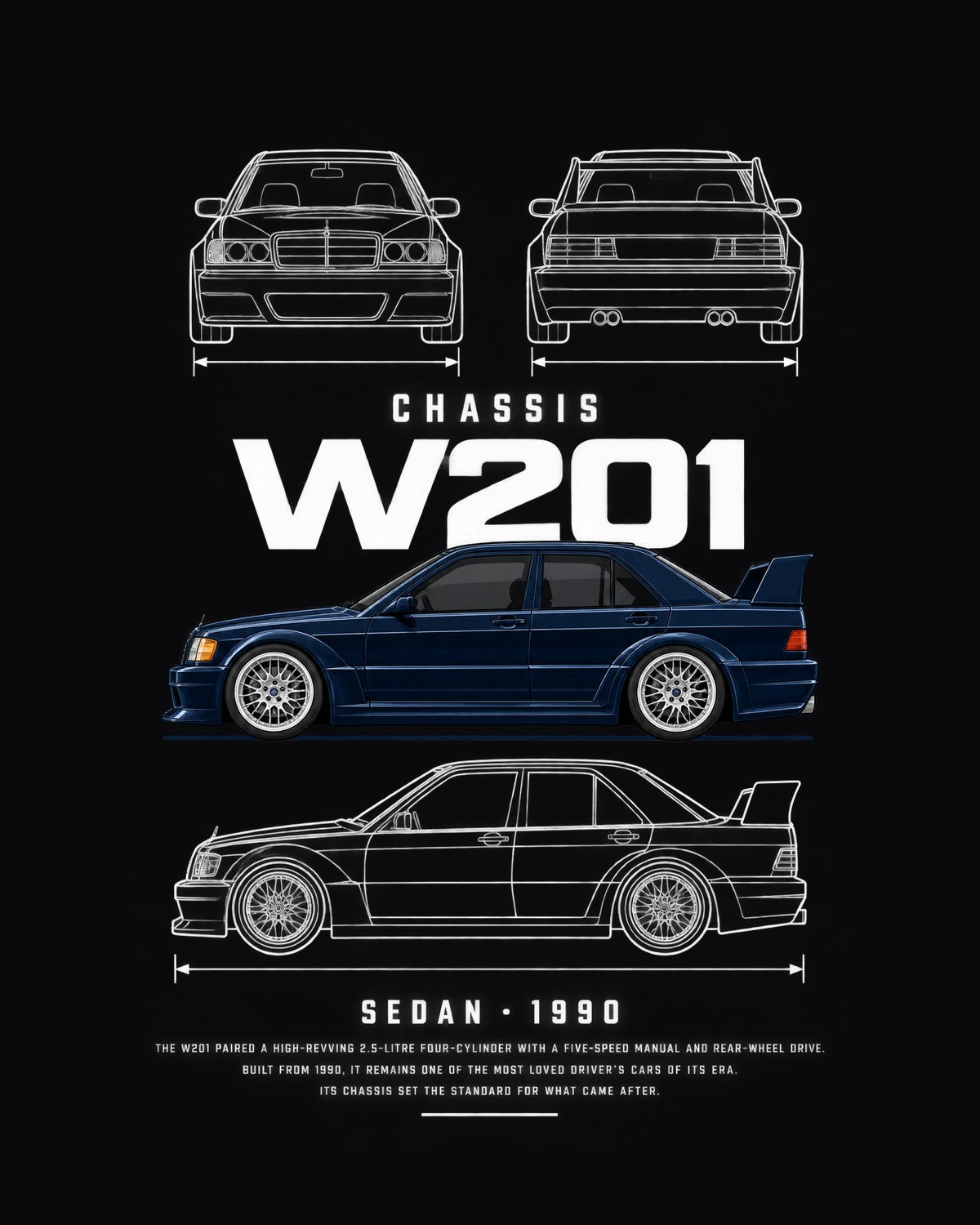 Mercedes 190E 2.5-16 Evolution II sedan Blueprint Full-Back Graphic Tee, W201 Chassis Code design only