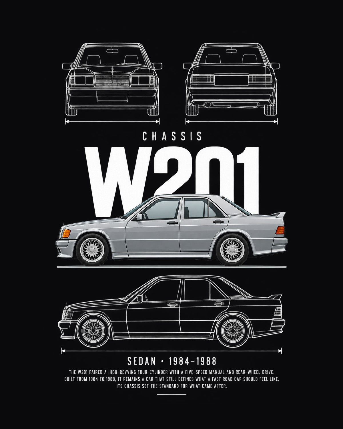 Mercedes 190E 2.3-16 sedan Blueprint Full-Back Graphic Tee, W201 Chassis Code design only